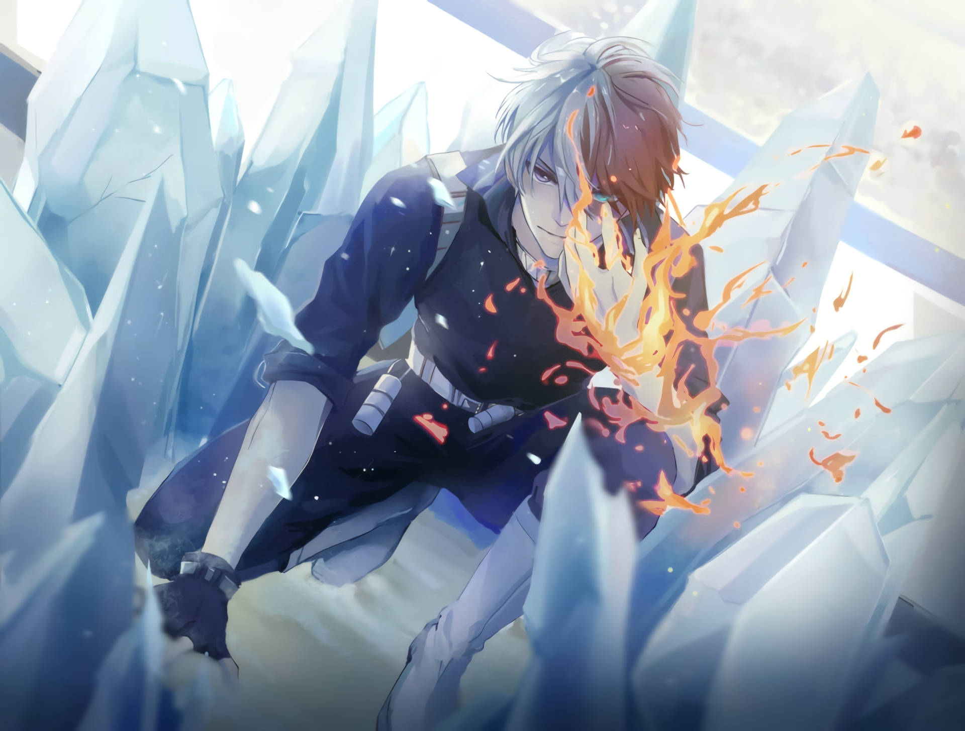 Todoroki Aesthetic, silver-haired anime character, towering ice crystals, Full HD Desktop Wallpaper