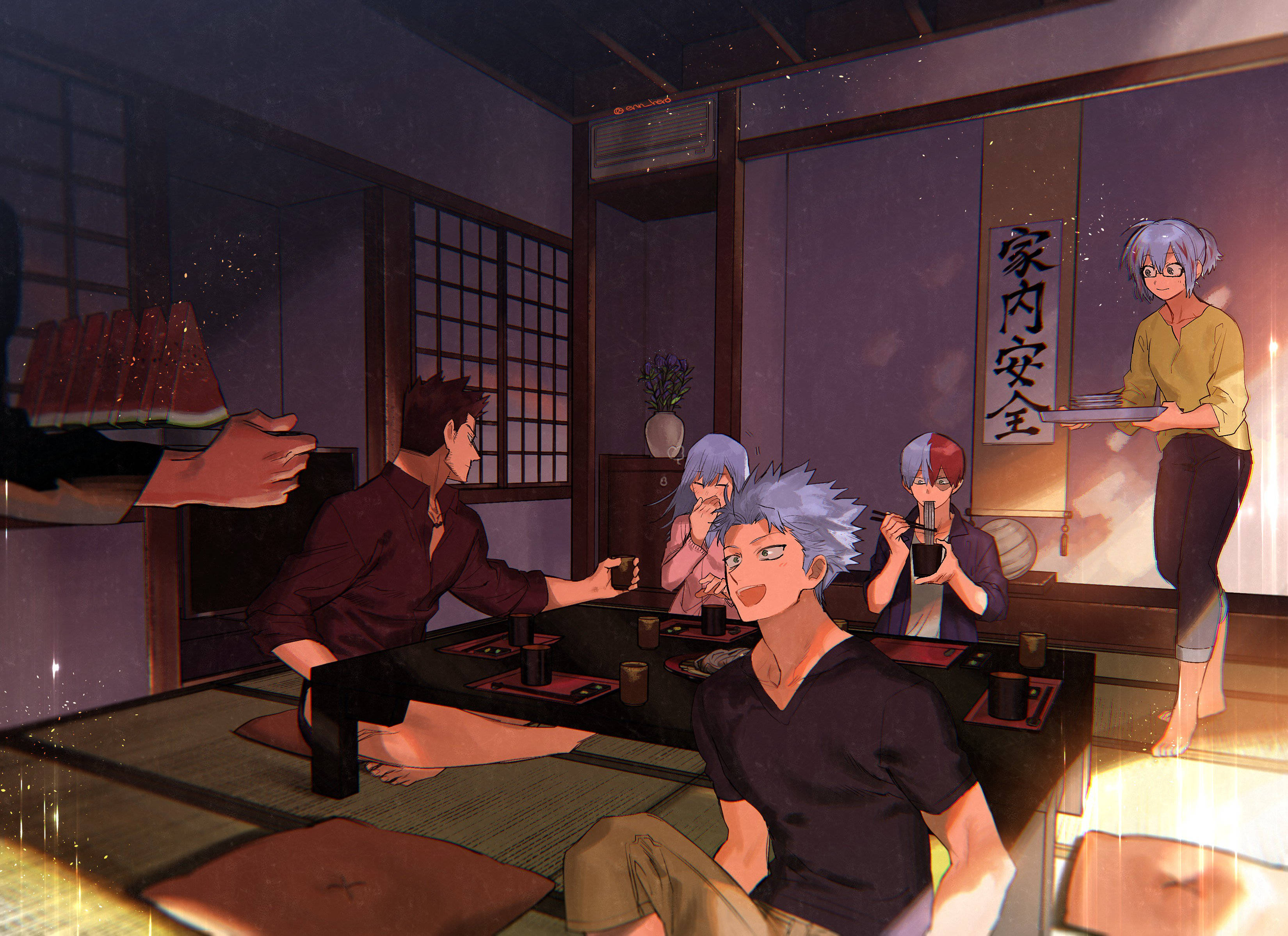 Todoroki Aesthetic, traditional Japanese room, cozy meal, 2K Desktop Wallpaper