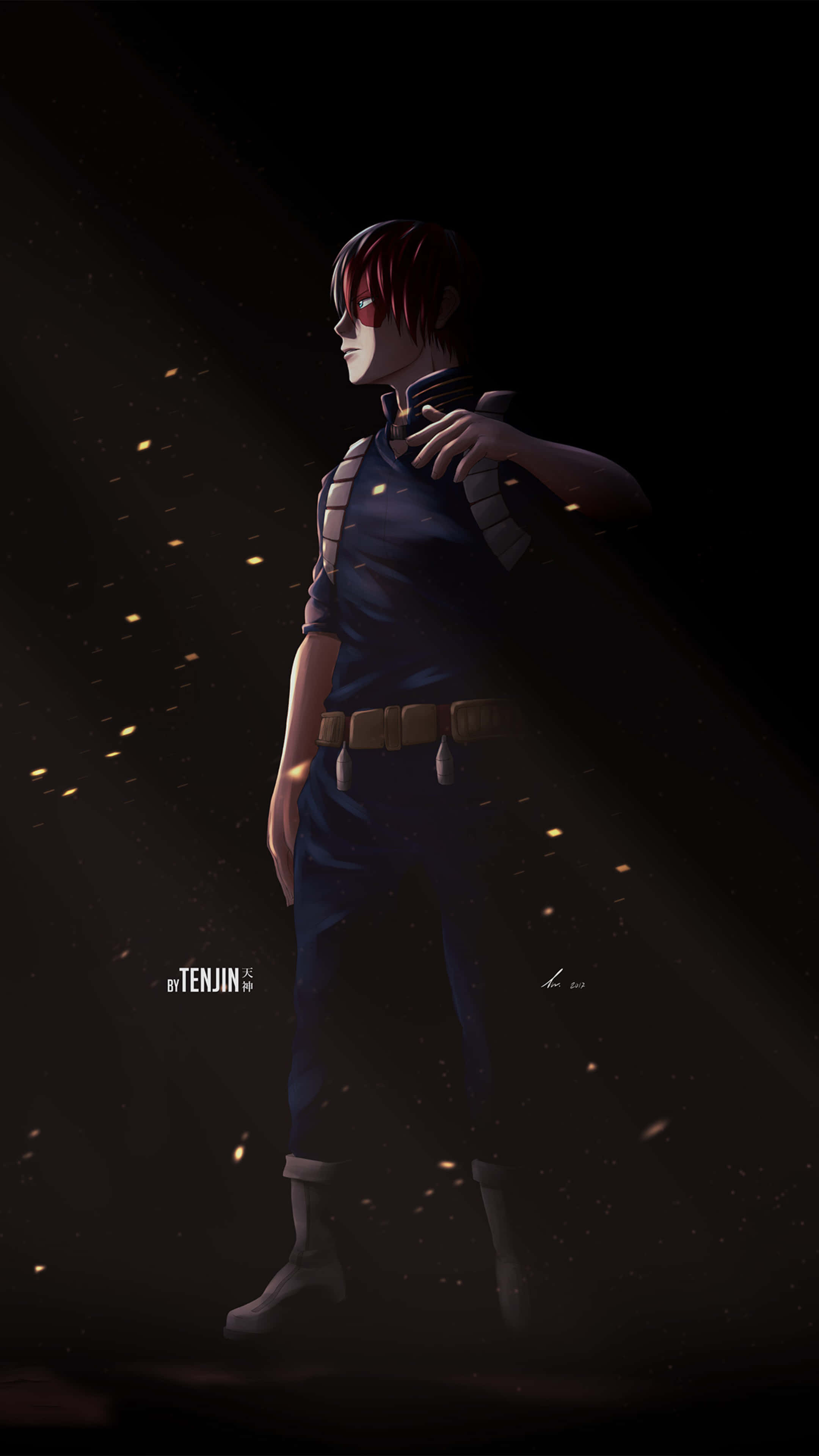 Todoroki Black, red-haired anime character, glowing embers, 4K Phone Wallpaper