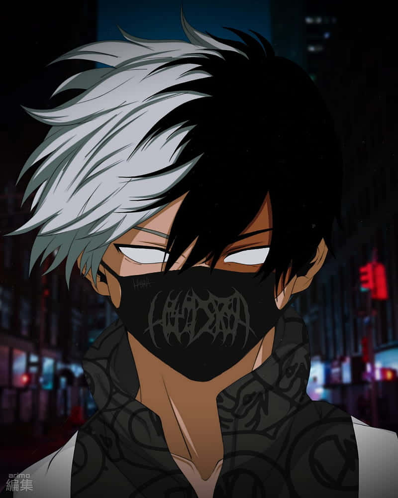 Todoroki Black, half-black half-silver hair, neon-lit urban night scene, SD Phone Wallpaper