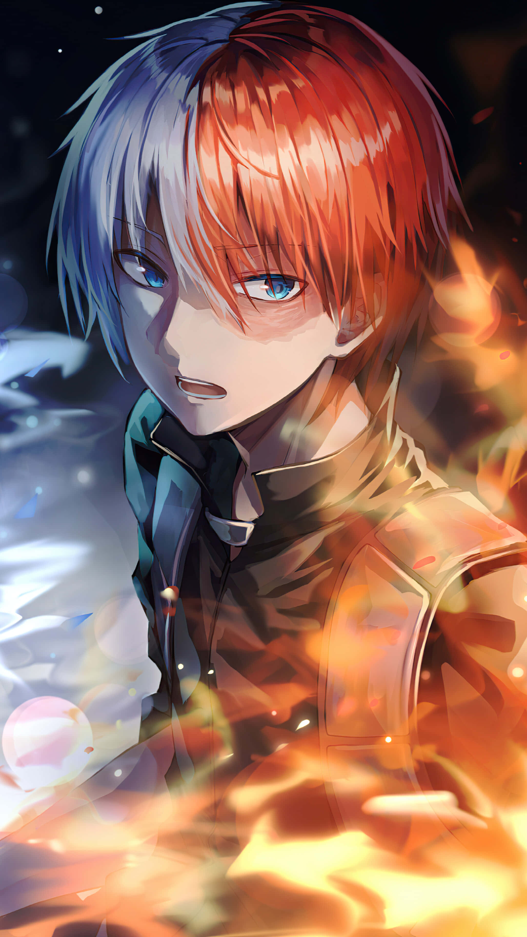 Todoroki Black, half red half blue hair, fiery flames, 4K Phone Wallpaper