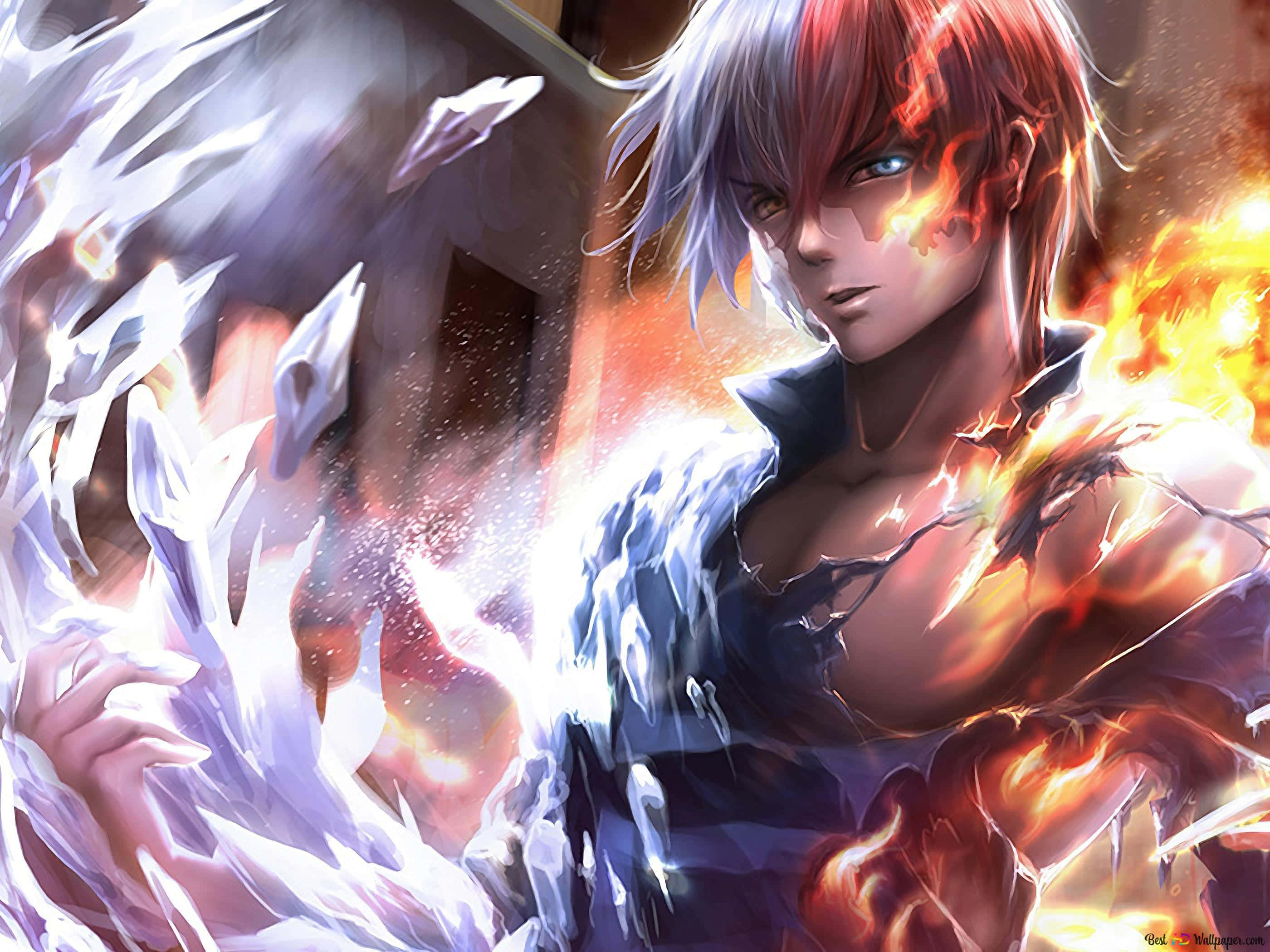 Todoroki Black, silver hair, fiery elemental forces, 2K Desktop Wallpaper