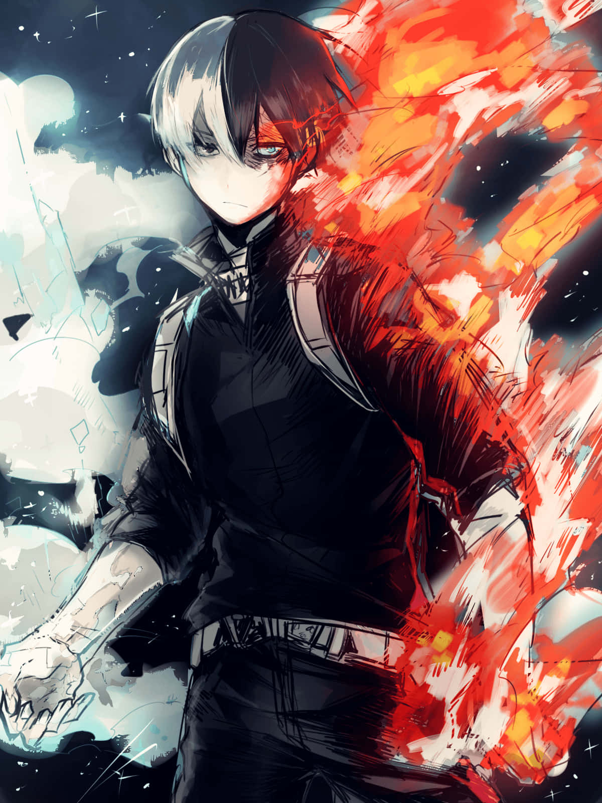 Todoroki Black, half-black half-white hair, fiery red and icy blue energy bursts, HD Phone Wallpaper