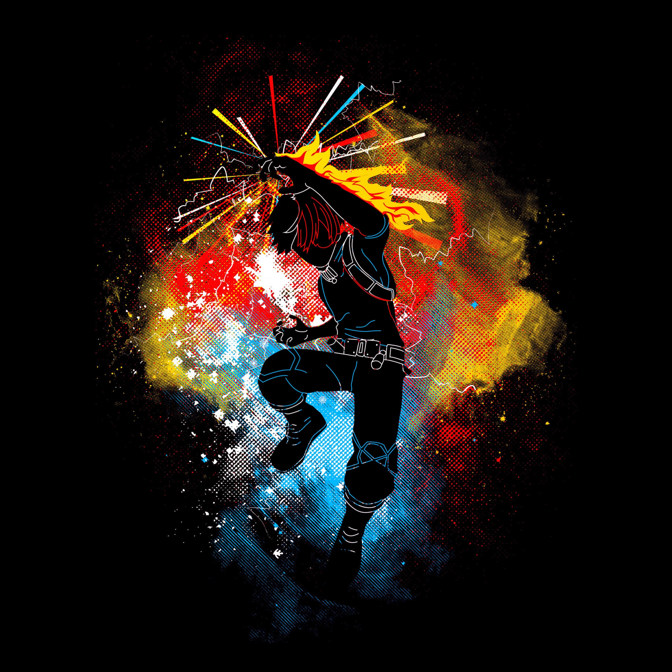 Todoroki Black, anime-style silhouette, colorful energy blasts, 2K Desktop Wallpaper