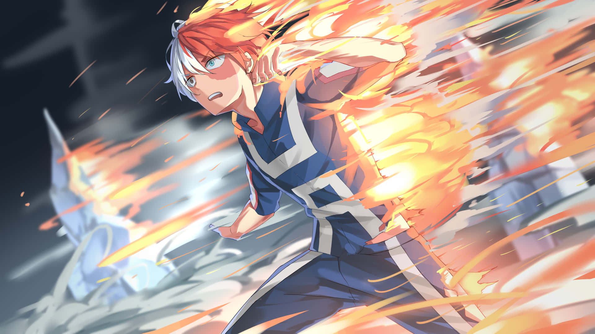 Todoroki Black, fiery-haired anime hero, blue uniform, Full HD Desktop Wallpaper