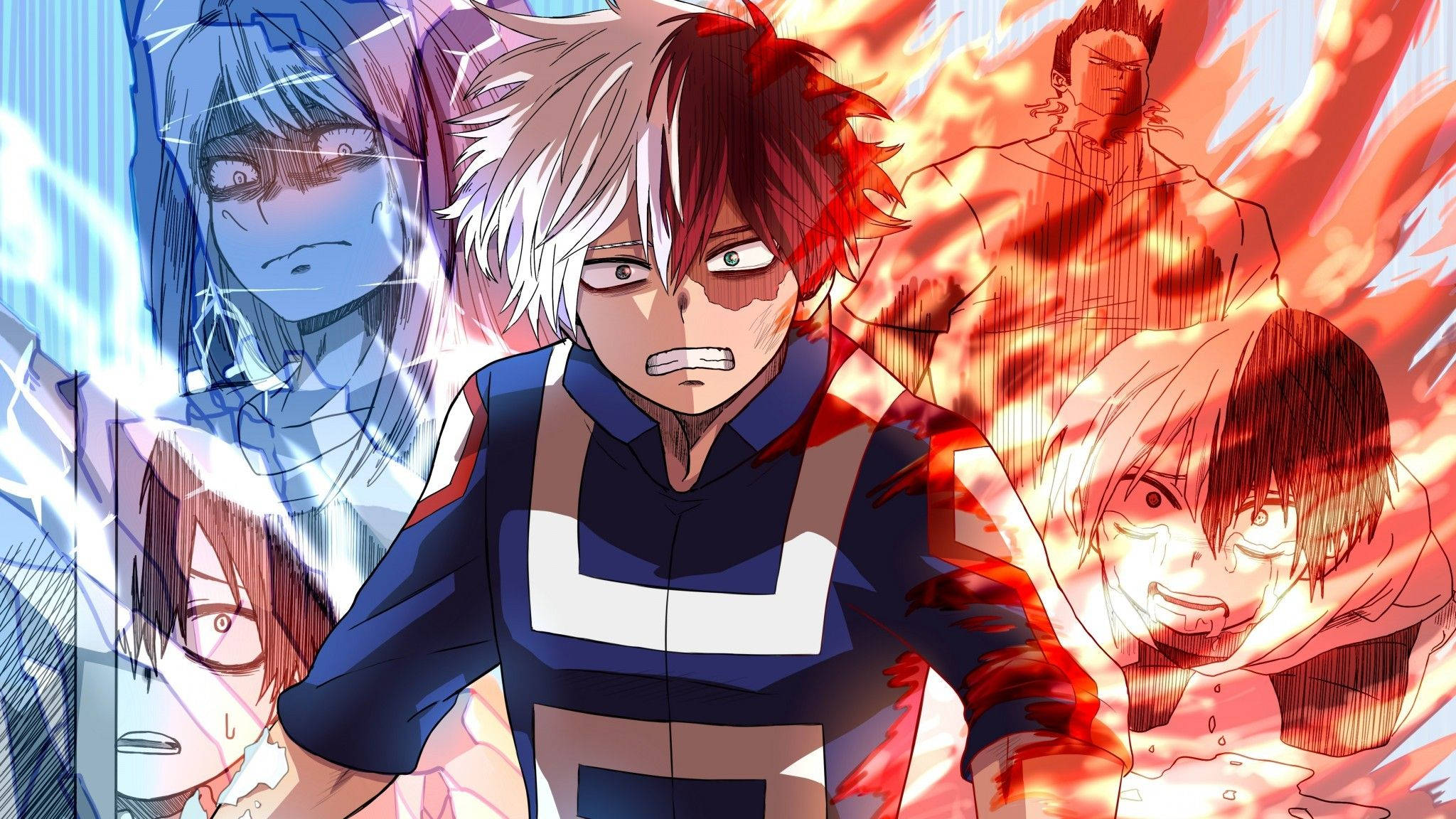 Todoroki, white and red hair, energy blasts, Full HD Desktop Wallpaper