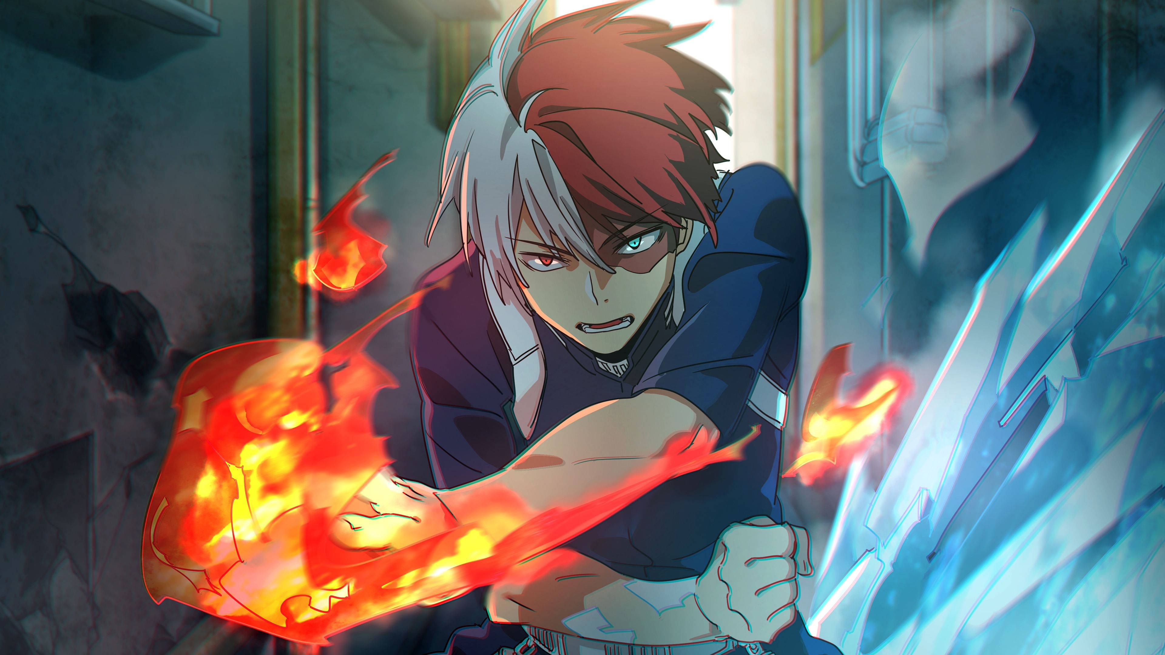 Todoroki, red and white hair, fiery energy, 4K Desktop Wallpaper