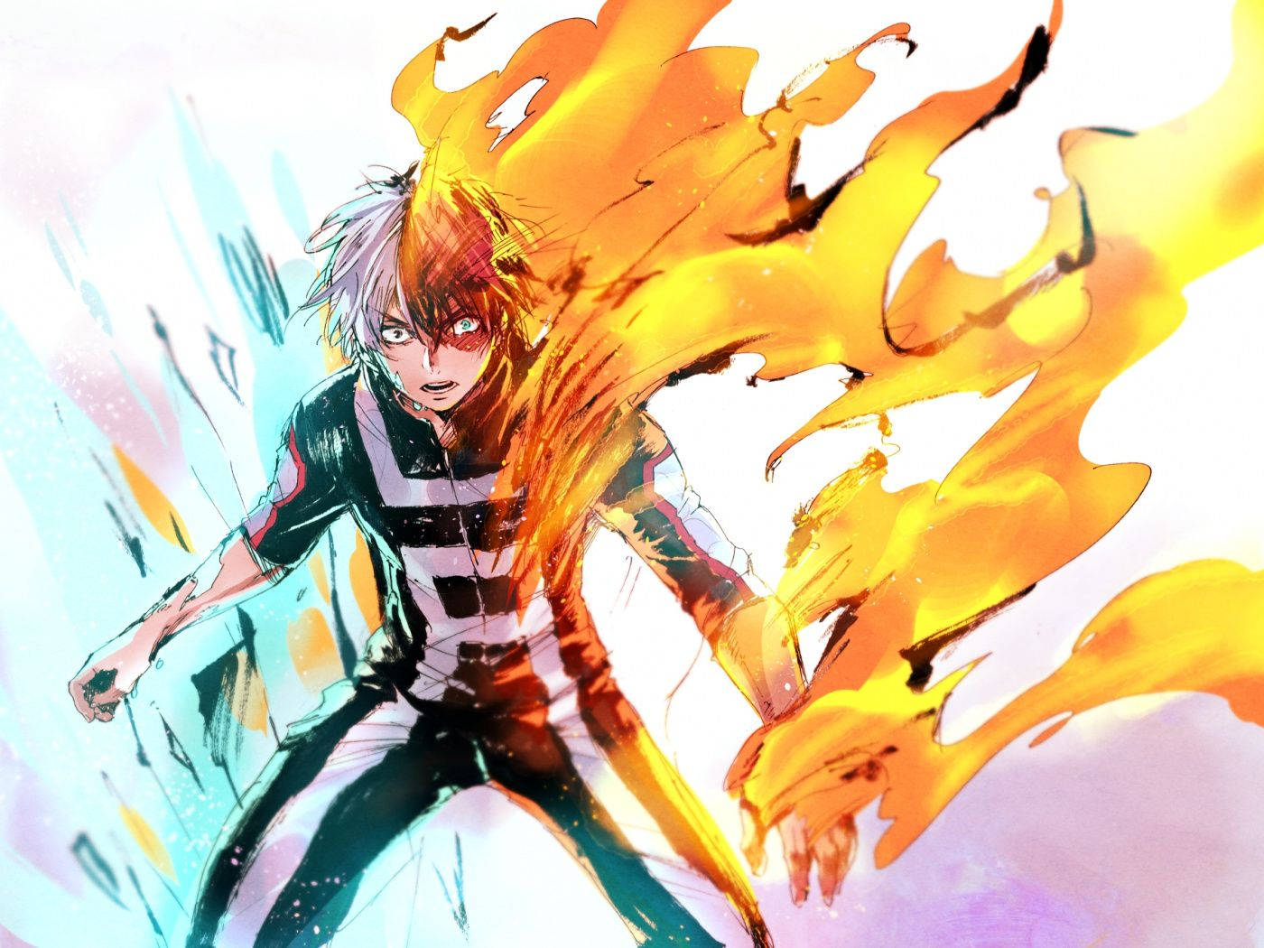 Todoroki, white and orange hair, fiery orange flames, HD Desktop Wallpaper