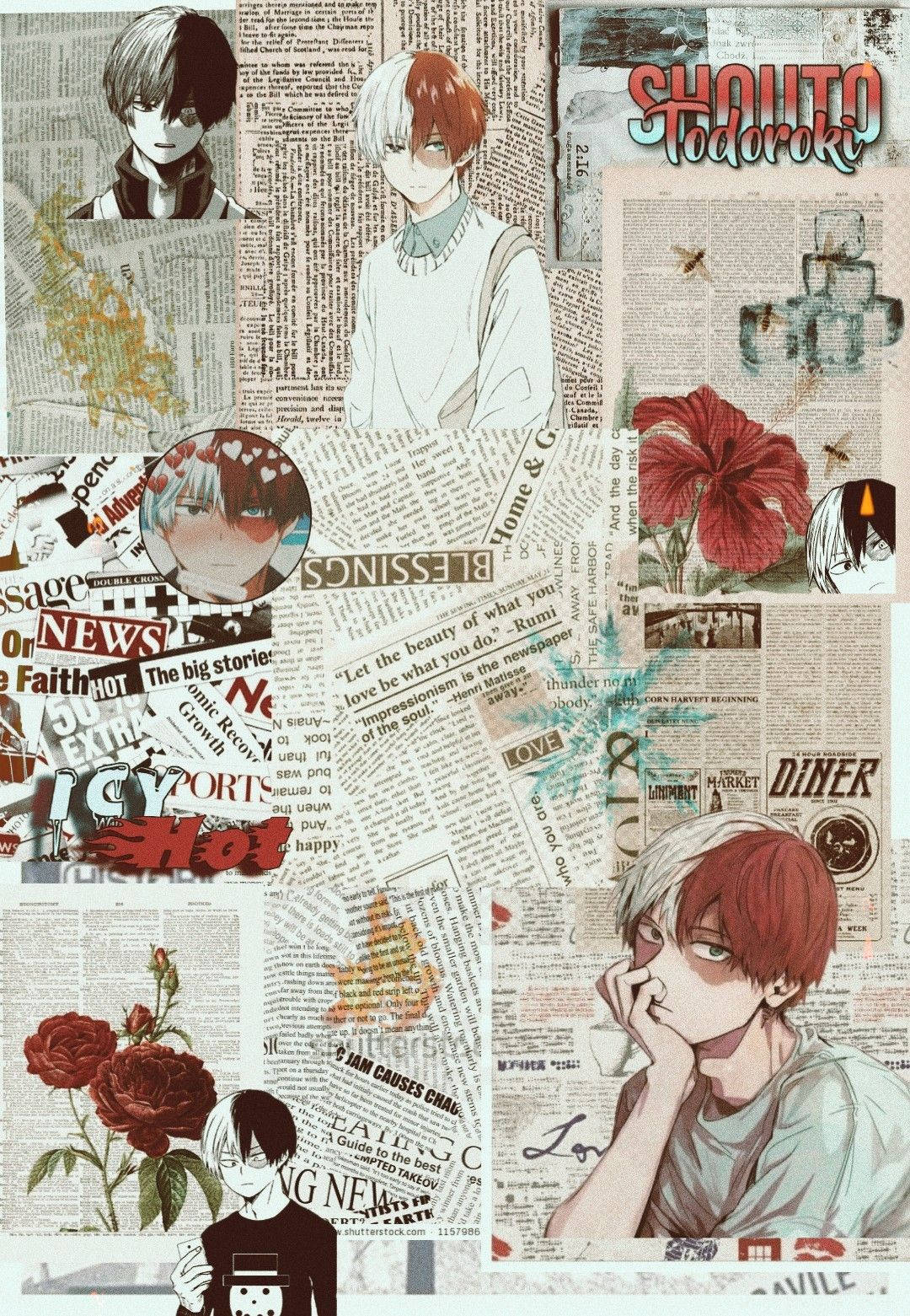 Todoroki, anime characters collage, newspaper background, HD Phone Wallpaper