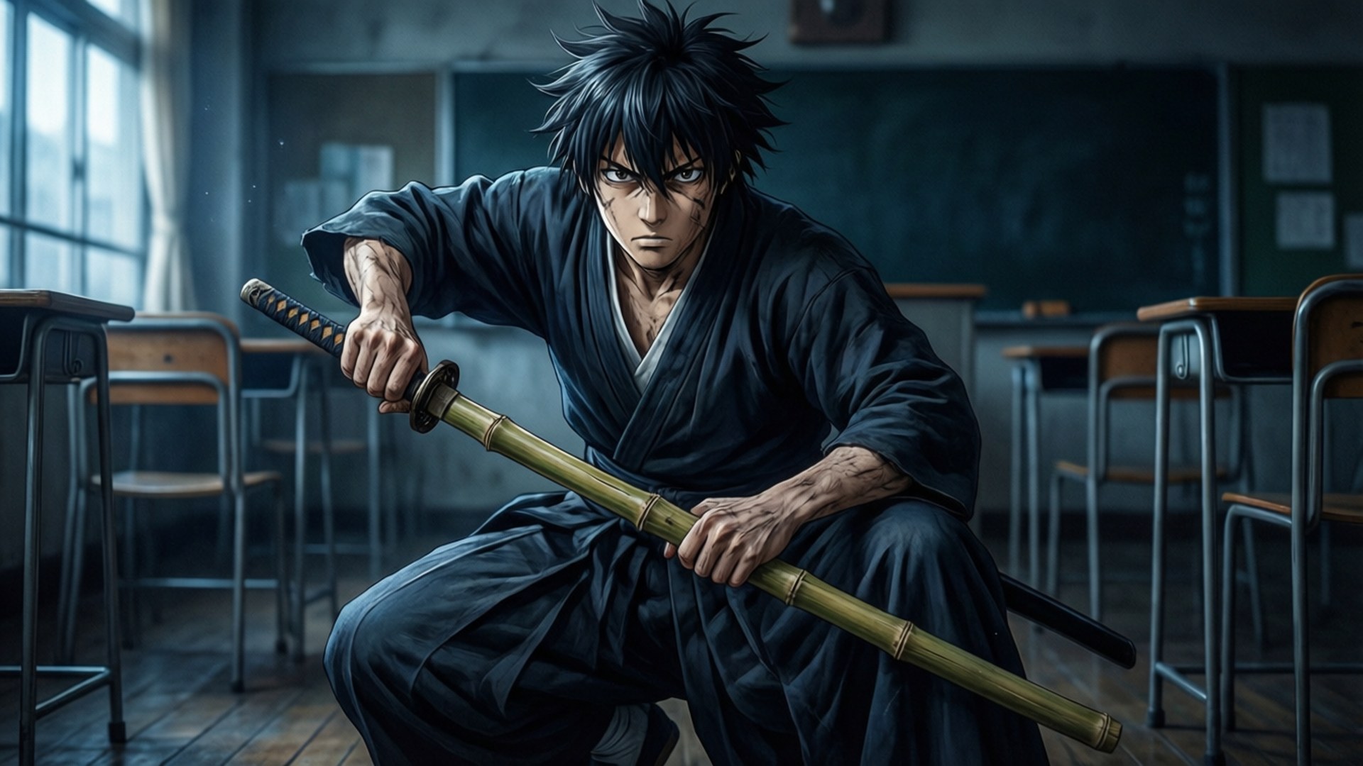 Toga Yagari, bamboo sword, fighting pose, Full HD Desktop Wallpaper