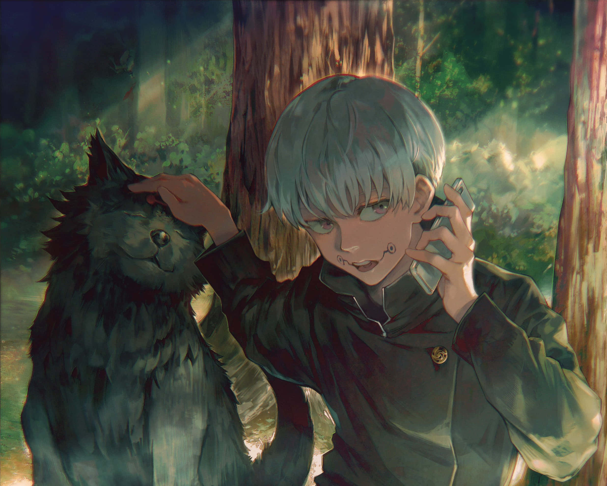 Toge Inumaki, silver-haired anime boy, fluffy black cat, Full HD Desktop Wallpaper