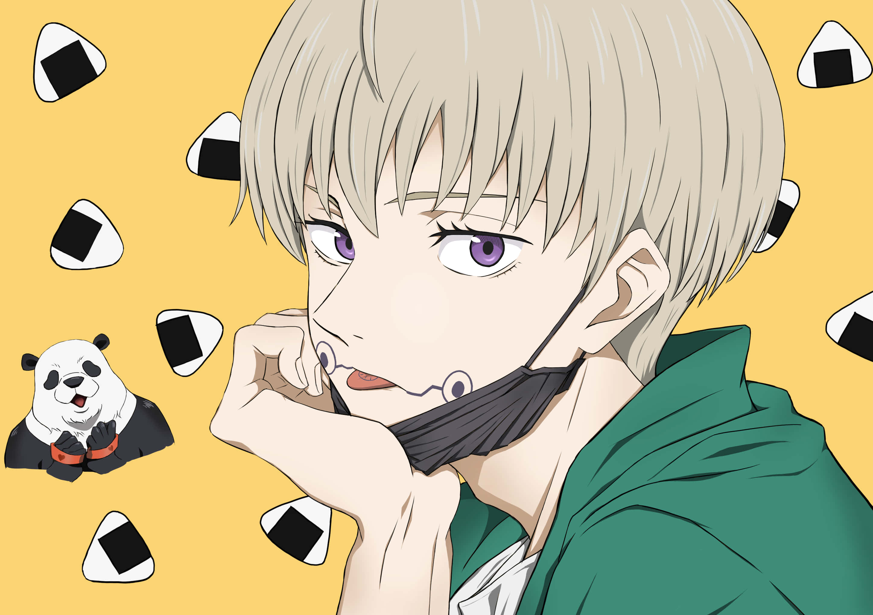 Toge Inumaki, purple eyes, green hoodie, 2K Desktop Wallpaper