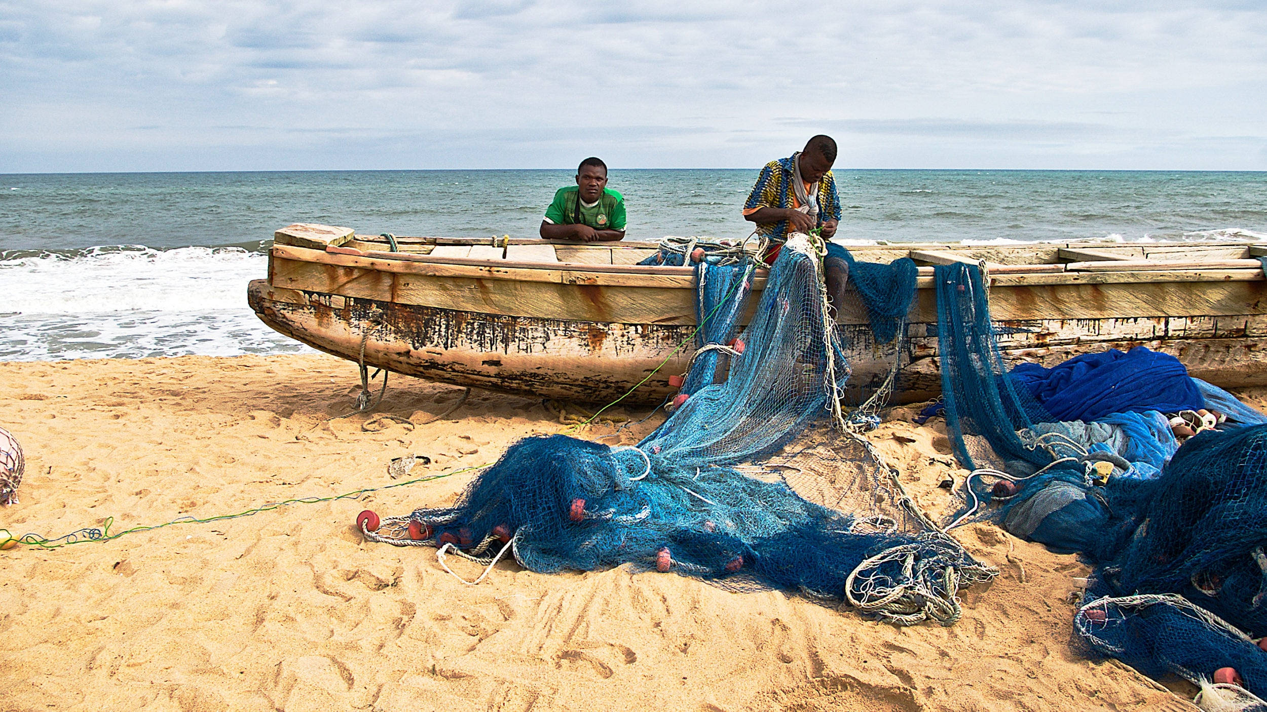 Togo, fishermen, blue nets, Full HD Desktop Wallpaper