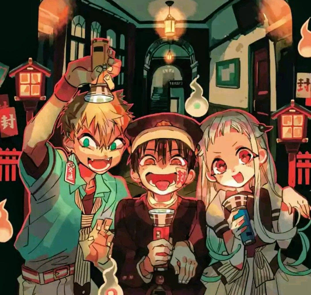 Toilet Bound Hanako Kun, glowing cups, warmly lit traditional Japanese alleyway, SD Desktop Wallpaper