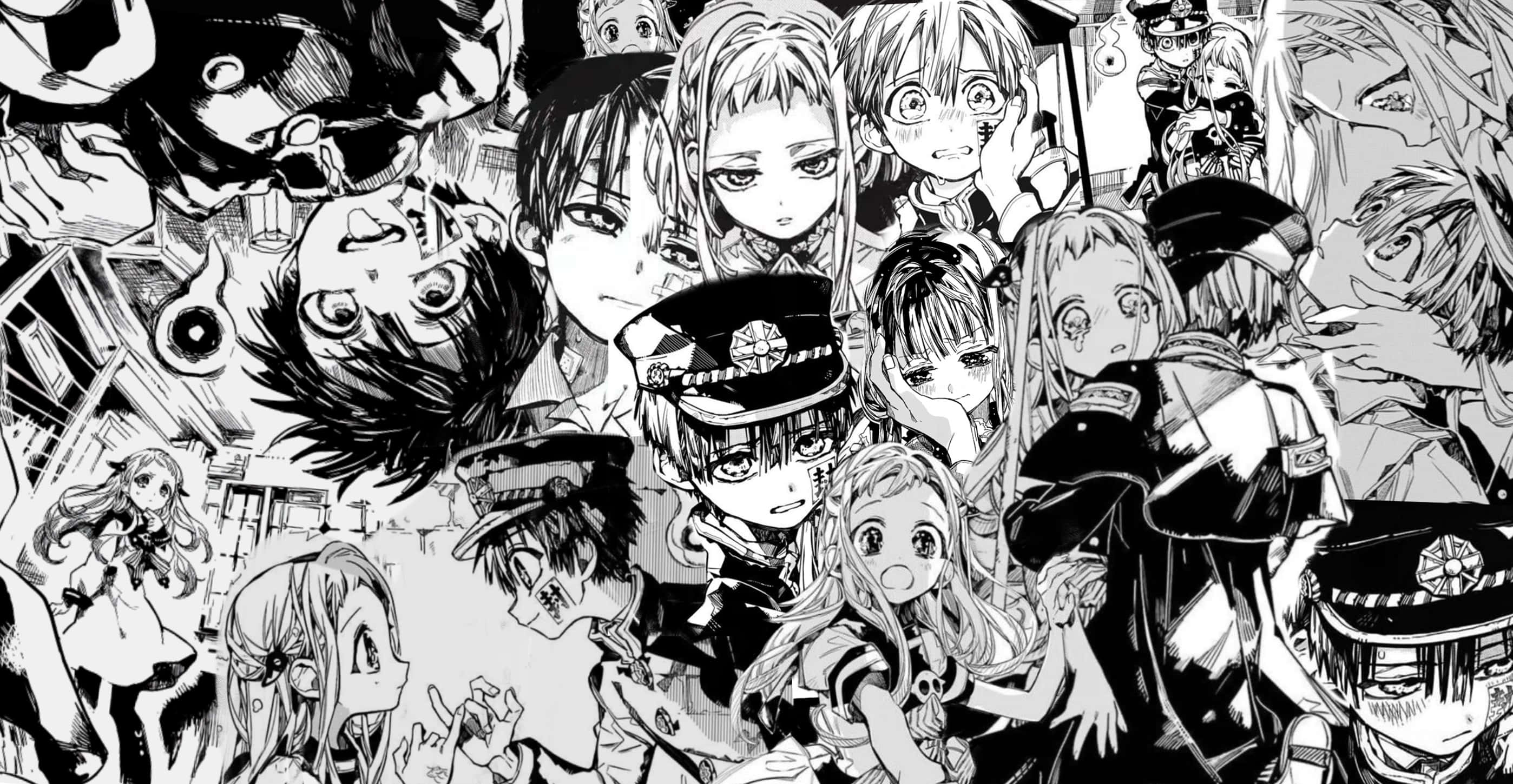 Toilet Bound Hanako Kun, aesthetic manga, black and white manga collage, 2K Desktop Wallpaper