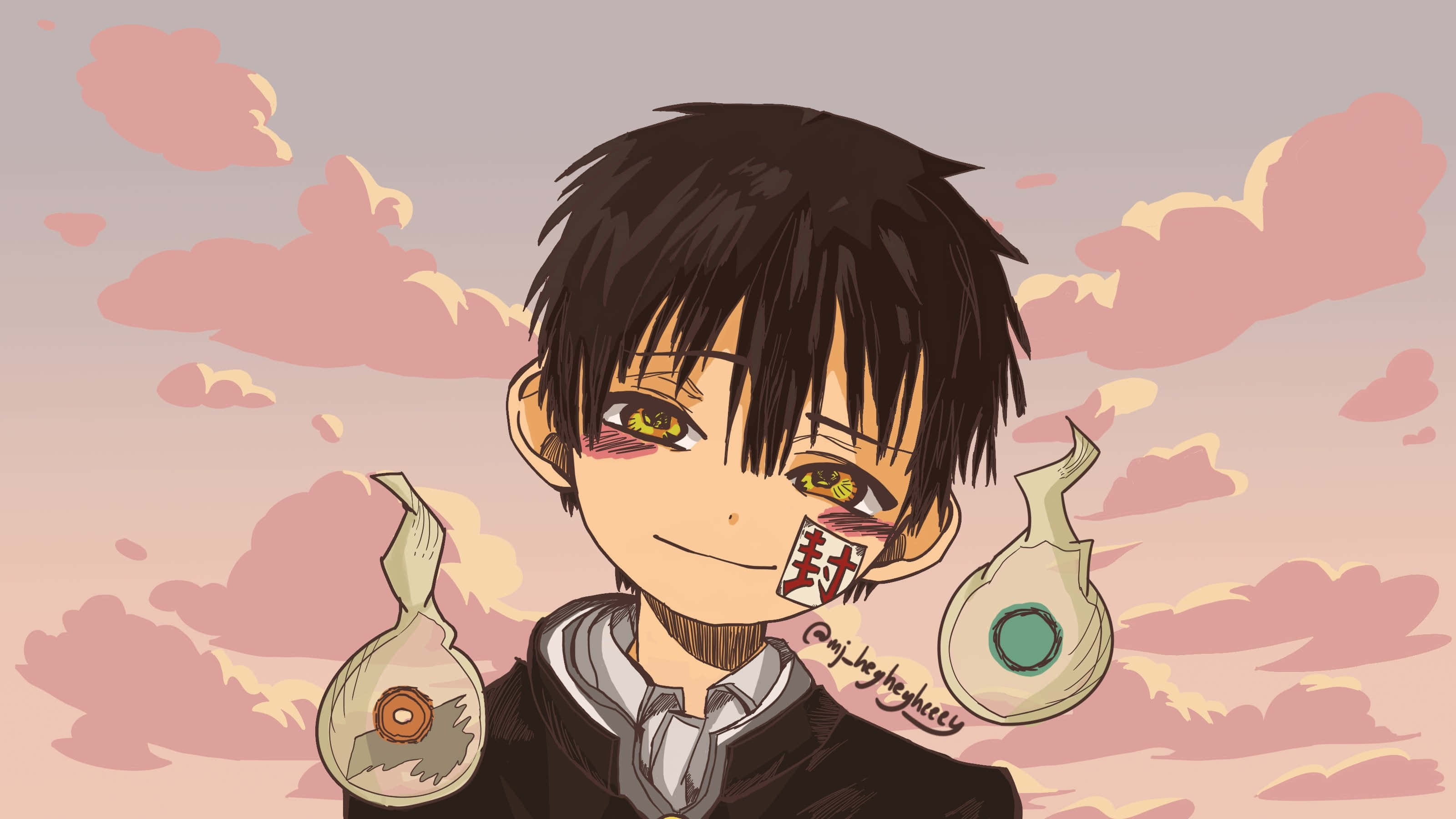 Hanako Kun, yellow eyes, seal tape over mouth, 2K Desktop Wallpaper