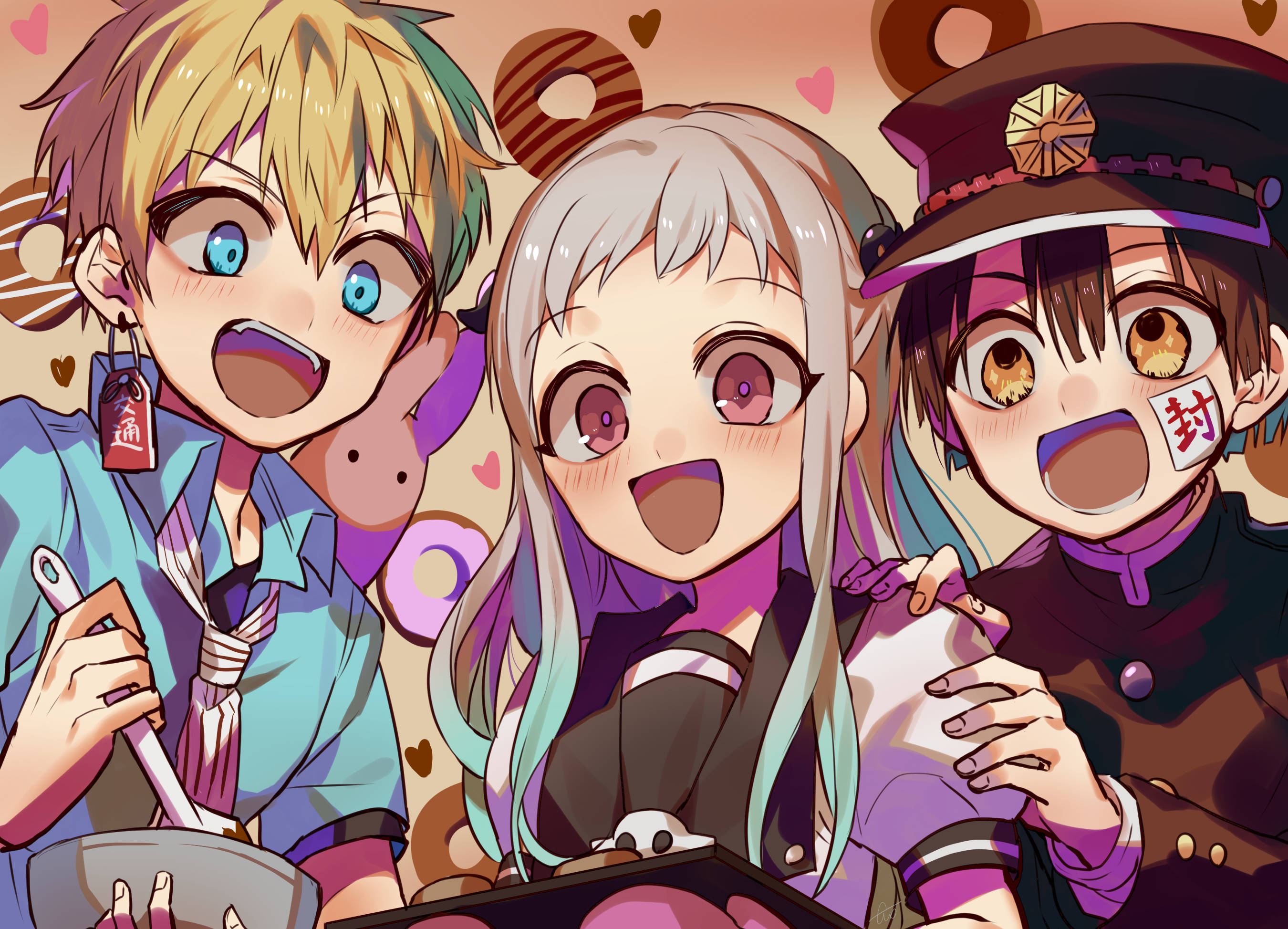 Toilet Bound Hanako Kun, donuts, heart background, 2K Desktop Wallpaper