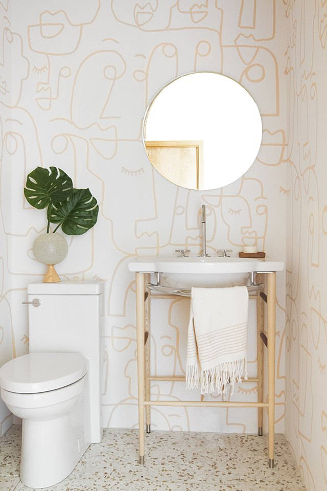 Toilet Tan Palette Powder Room, abstract gold line art wallpaper, round mirror, SD Phone Wallpaper