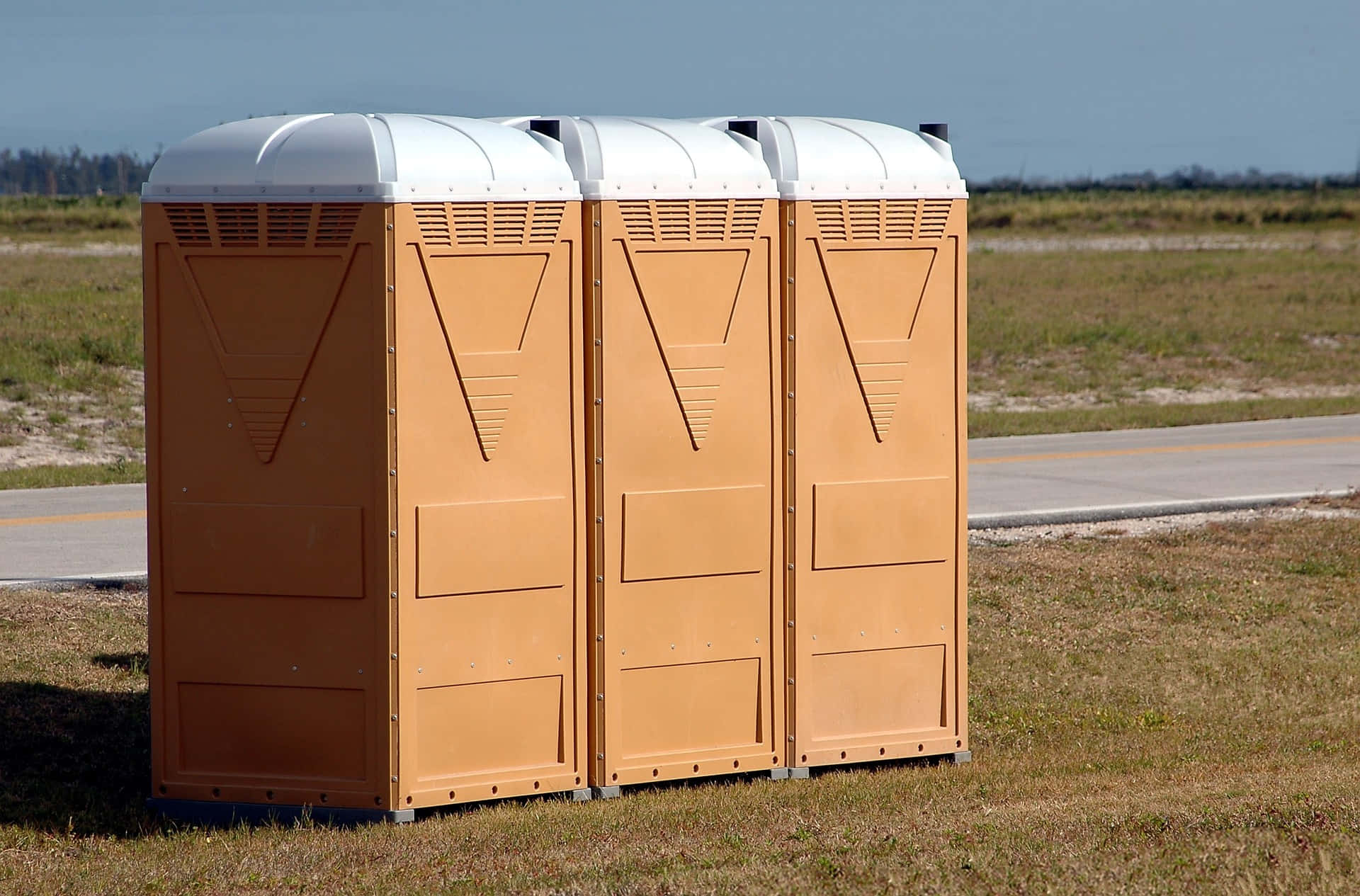 tan portable toilets, white roofs, dry grass, Full HD Desktop Wallpaper