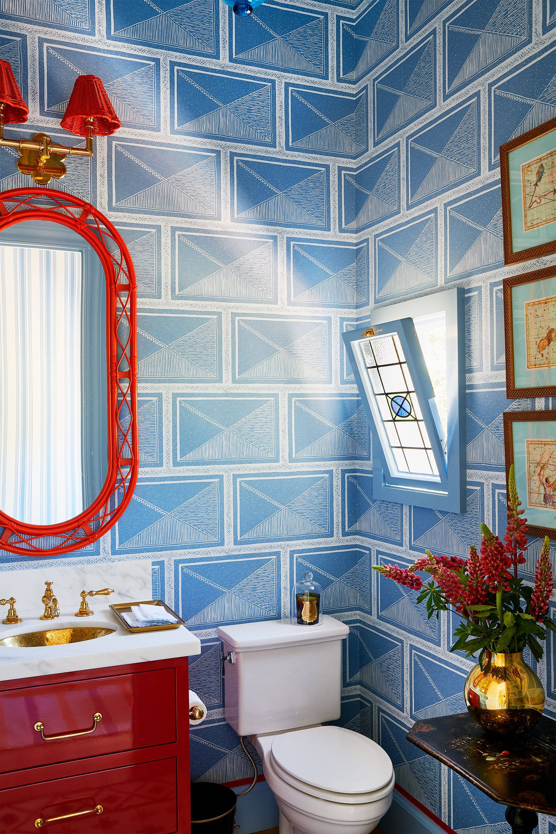 blue tiles, geometric wallpaper, red vanity, 2K Phone Wallpaper