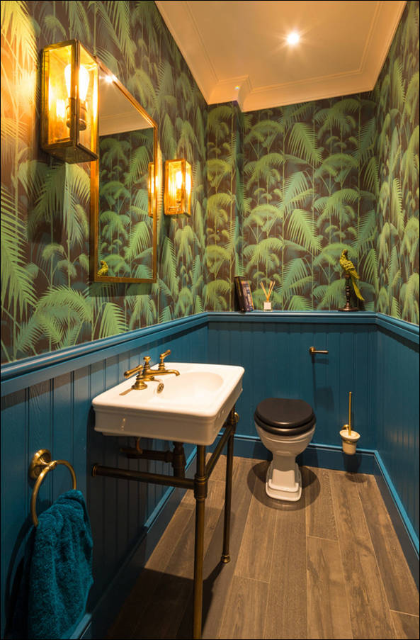 black toilet, tropical forest bathroom, teal wood paneling, SD Phone Wallpaper
