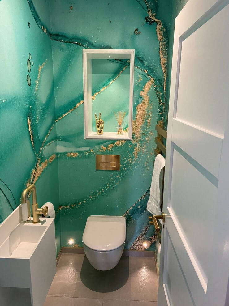 toilet, green oceanic marble, teal and gold marbled walls, SD Phone Wallpaper