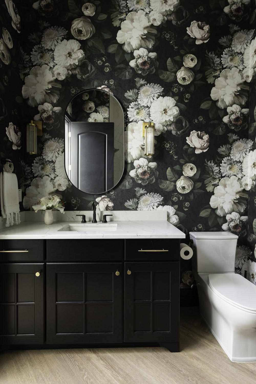 Toilet, dark floral wallpaper, black and white floral wallpaper, HD Phone Wallpaper