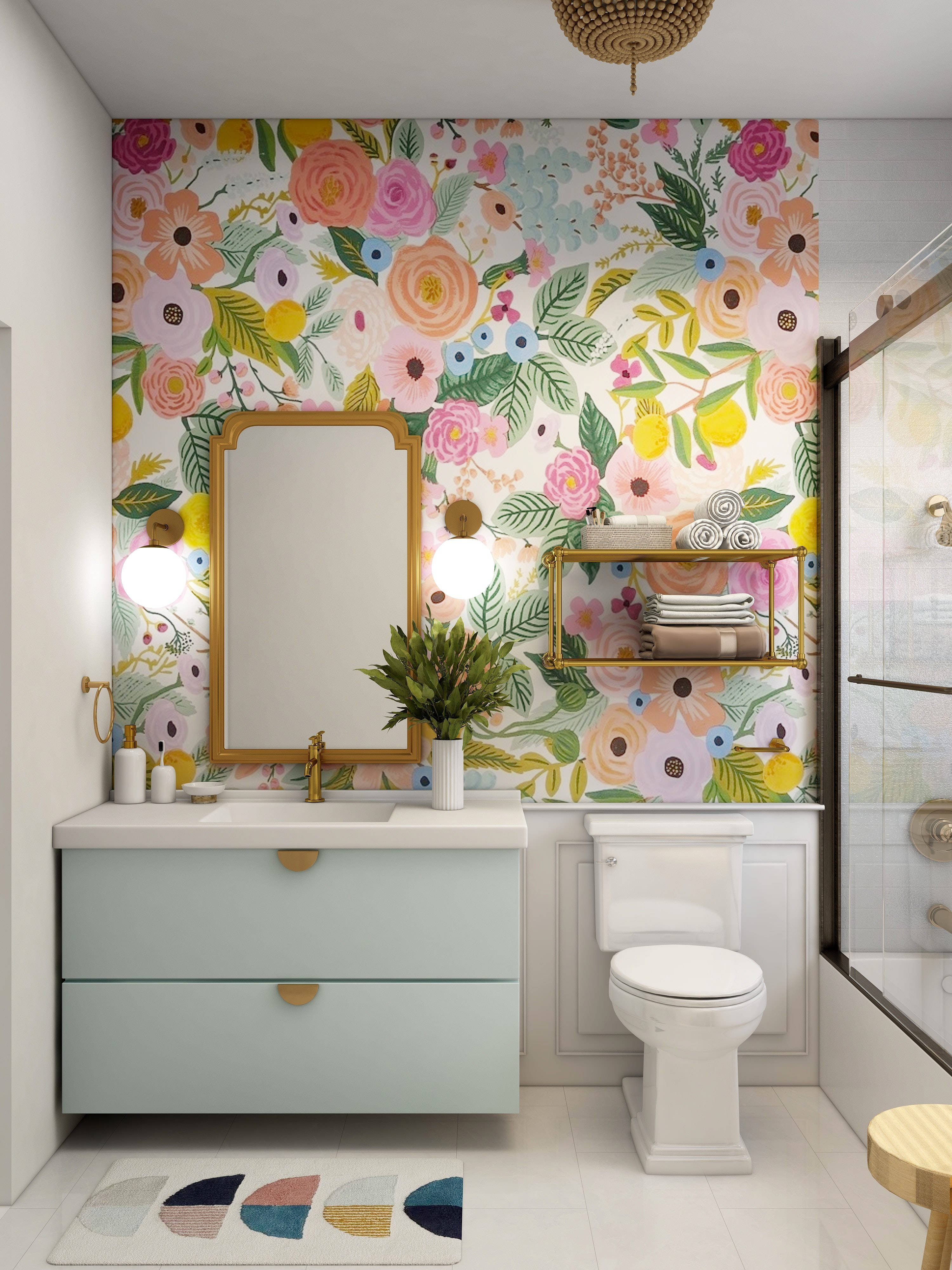 pastel floral, mint vanity, gold fixtures, 4K Phone Wallpaper