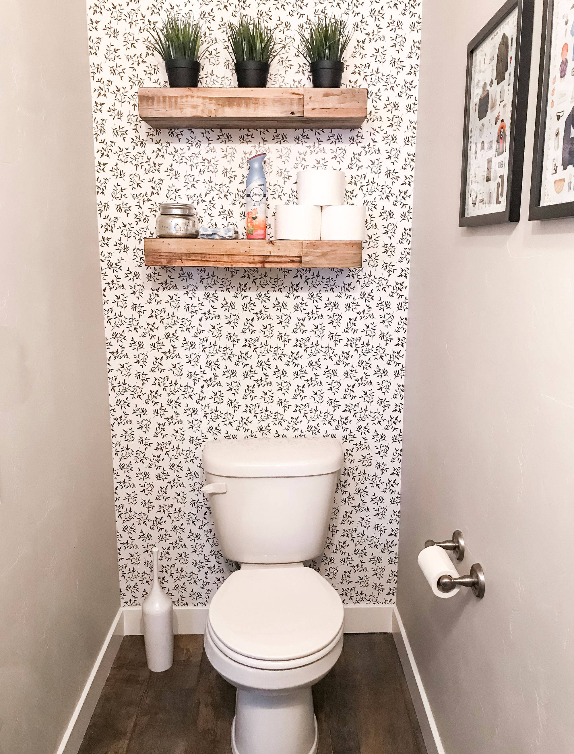 toilet classic floral, white toilet, wooden shelves, 2K Phone Wallpaper