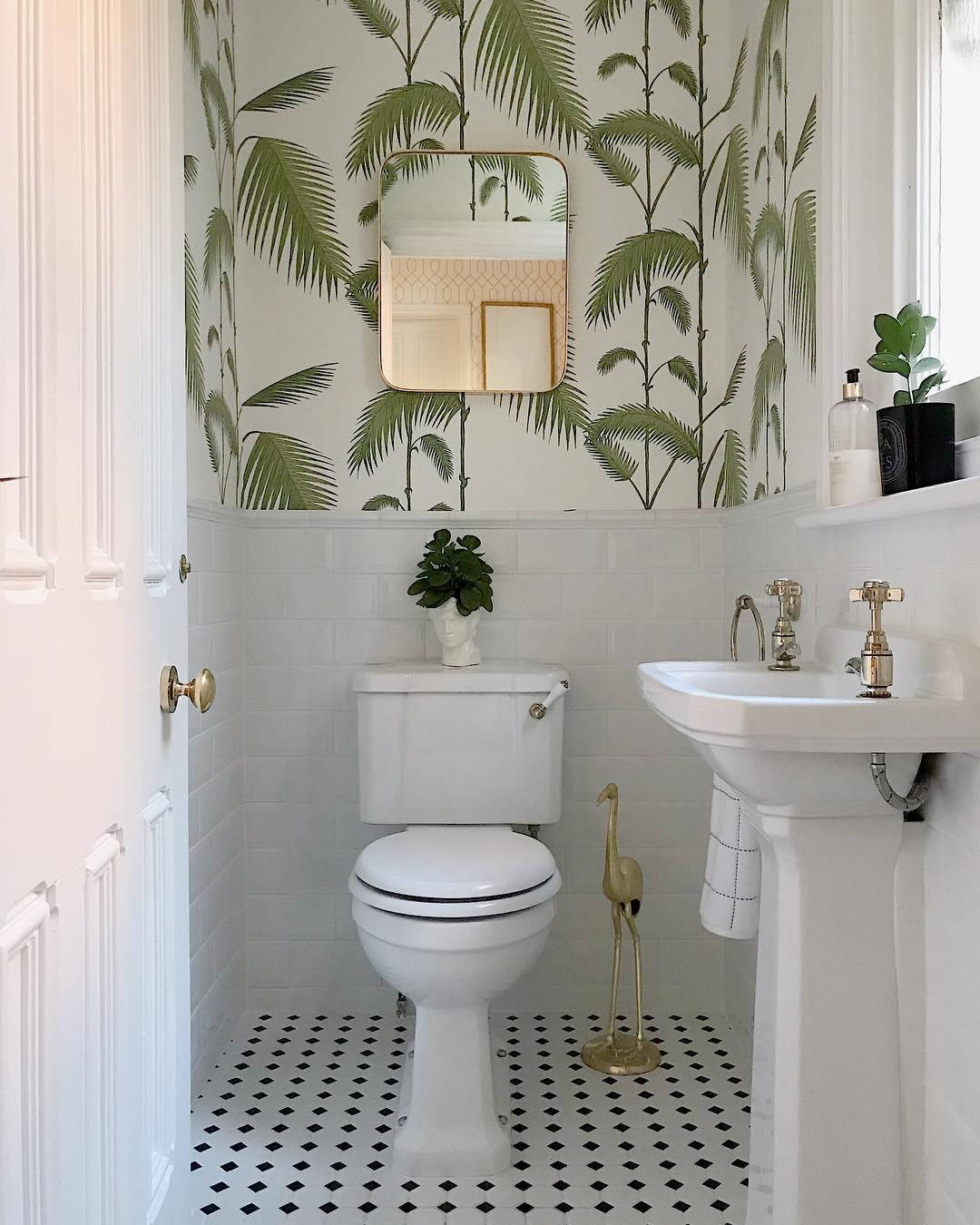 Toilet White Botanical Powder Room, palm leaf wallpaper, white tiles, HD Phone Wallpaper