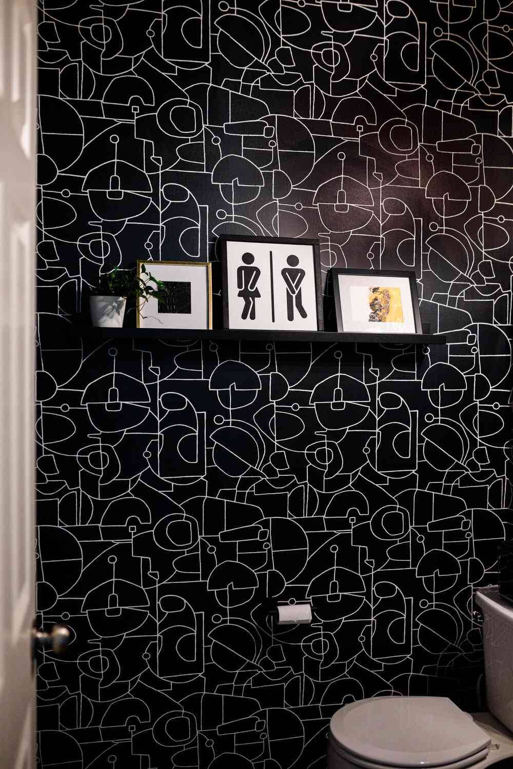black walls, white abstract geometric wallpaper, shelf, HD Phone Wallpaper