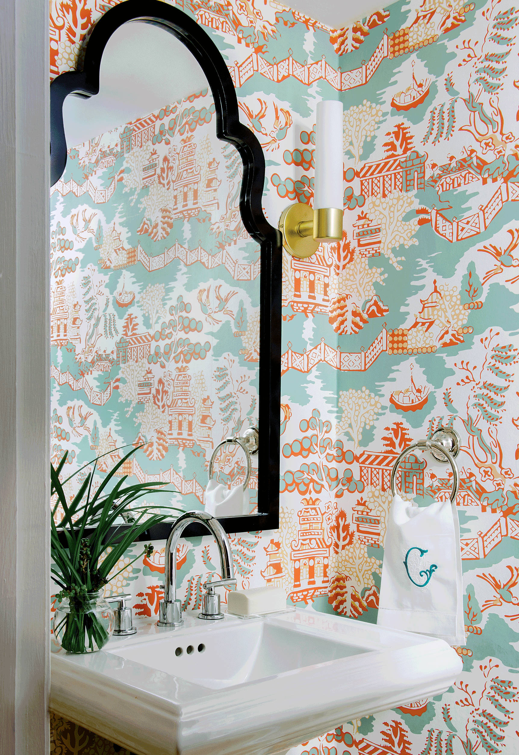 chinoiserie, orange and teal toile wallpaper, black mirror, Full HD Phone Wallpaper