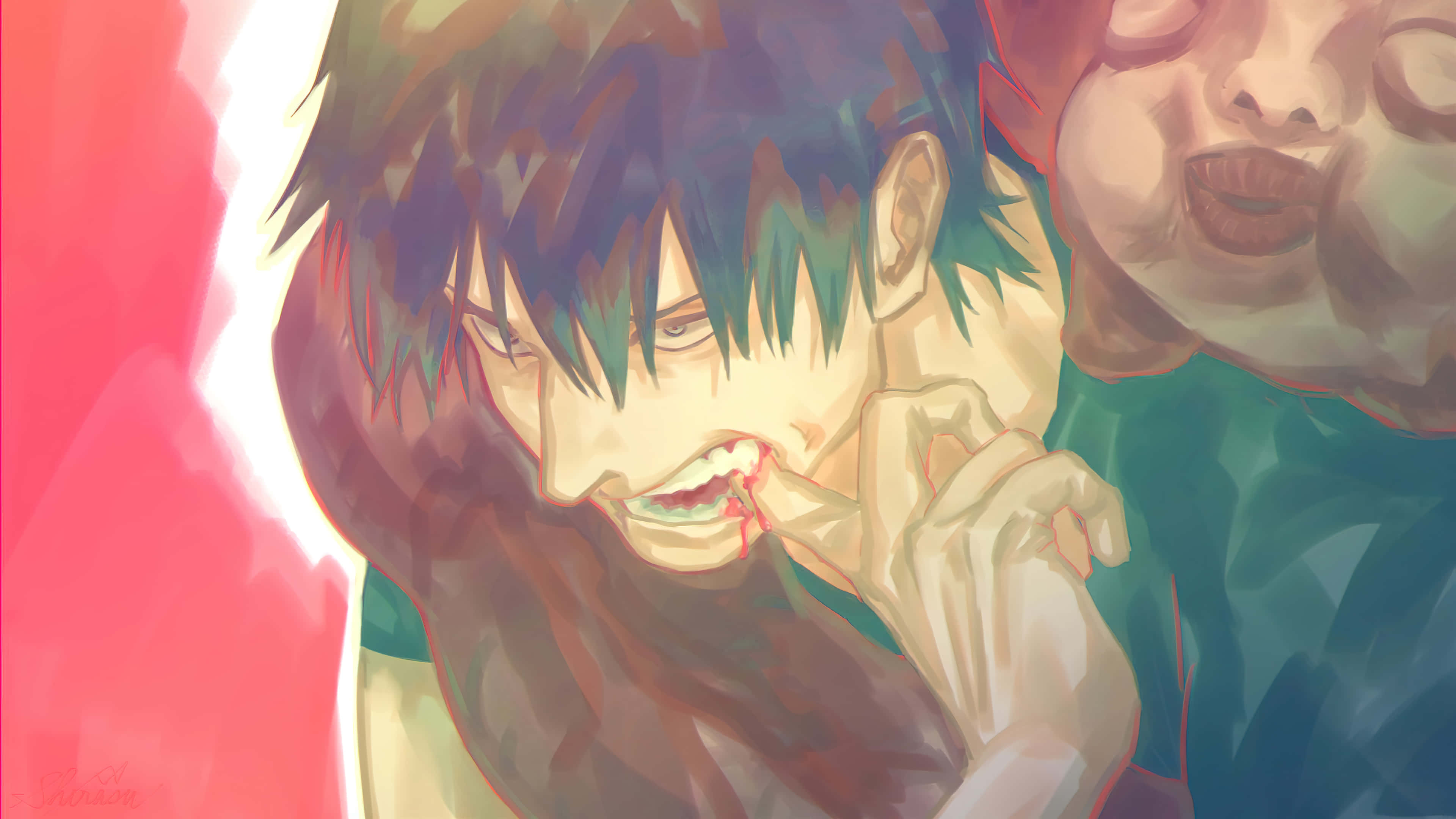 Toji Fushiguro, green hair, blood drips, 4K Desktop Wallpaper