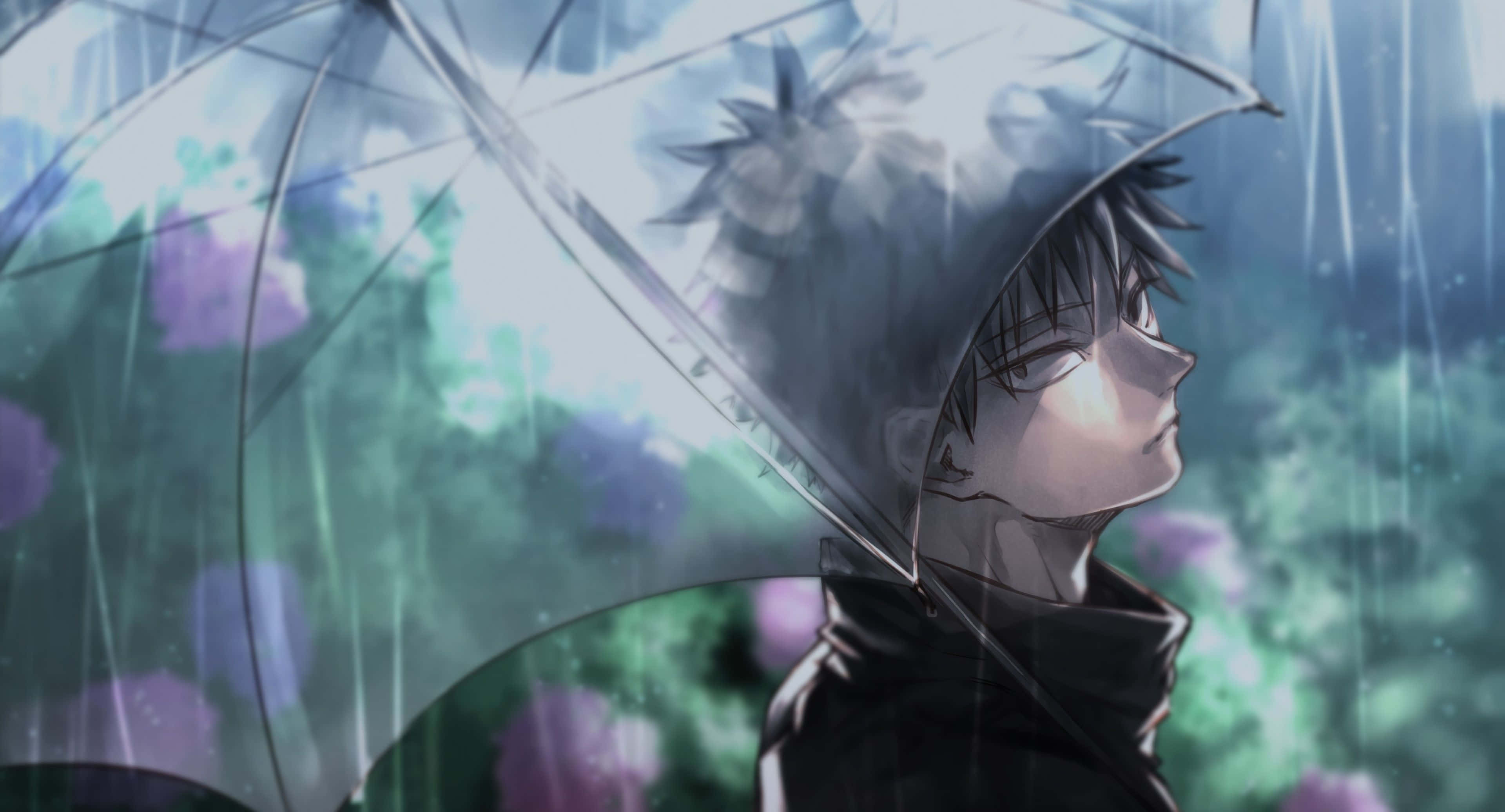 Toji Fushiguro, transparent umbrella, glowing green and purple flowers, 4K Desktop Wallpaper
