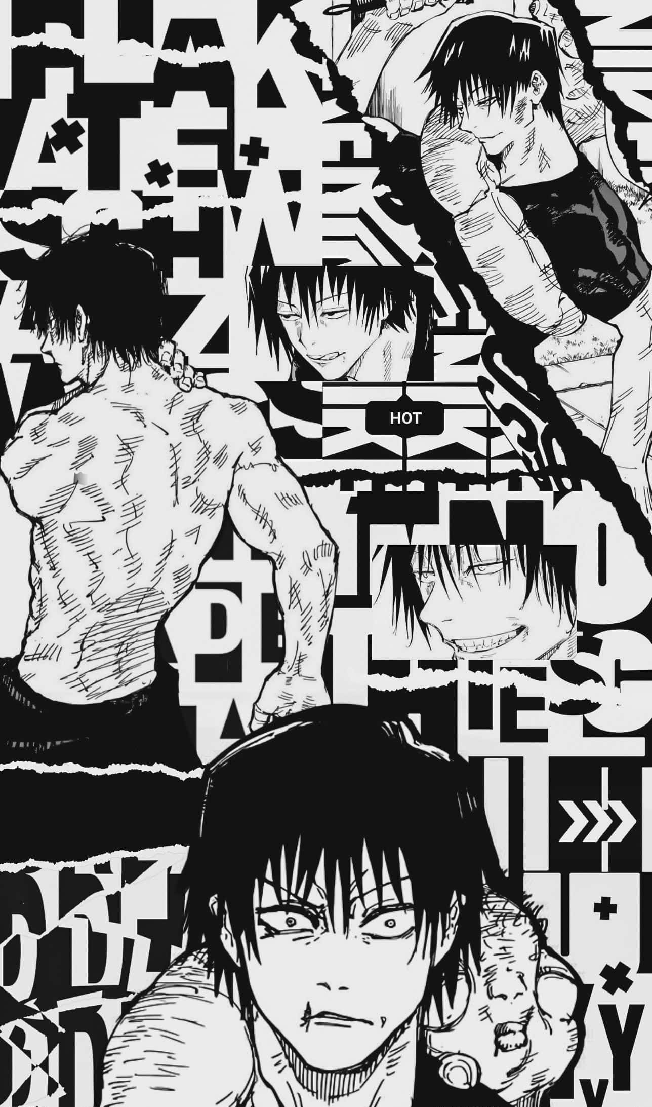 Toji Fushiguro, black and white manga collage, bold text overlays, Full HD Phone Wallpaper