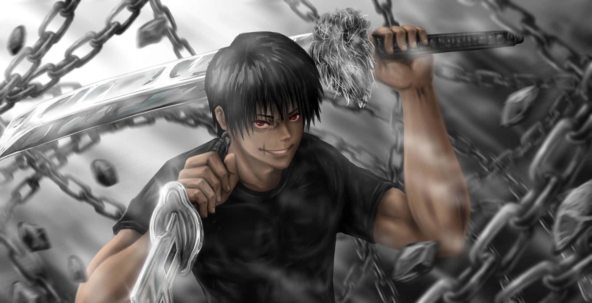 Toji Fushiguro, red eyes, glowing sword, Full HD Desktop Wallpaper