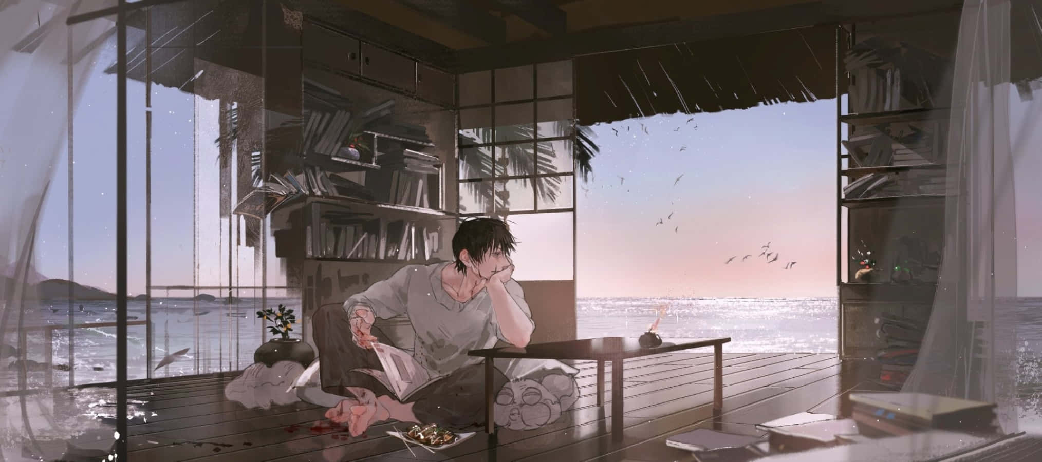 Toji Fushiguro, wooden deck, thatched-roof house, Full HD Desktop Wallpaper
