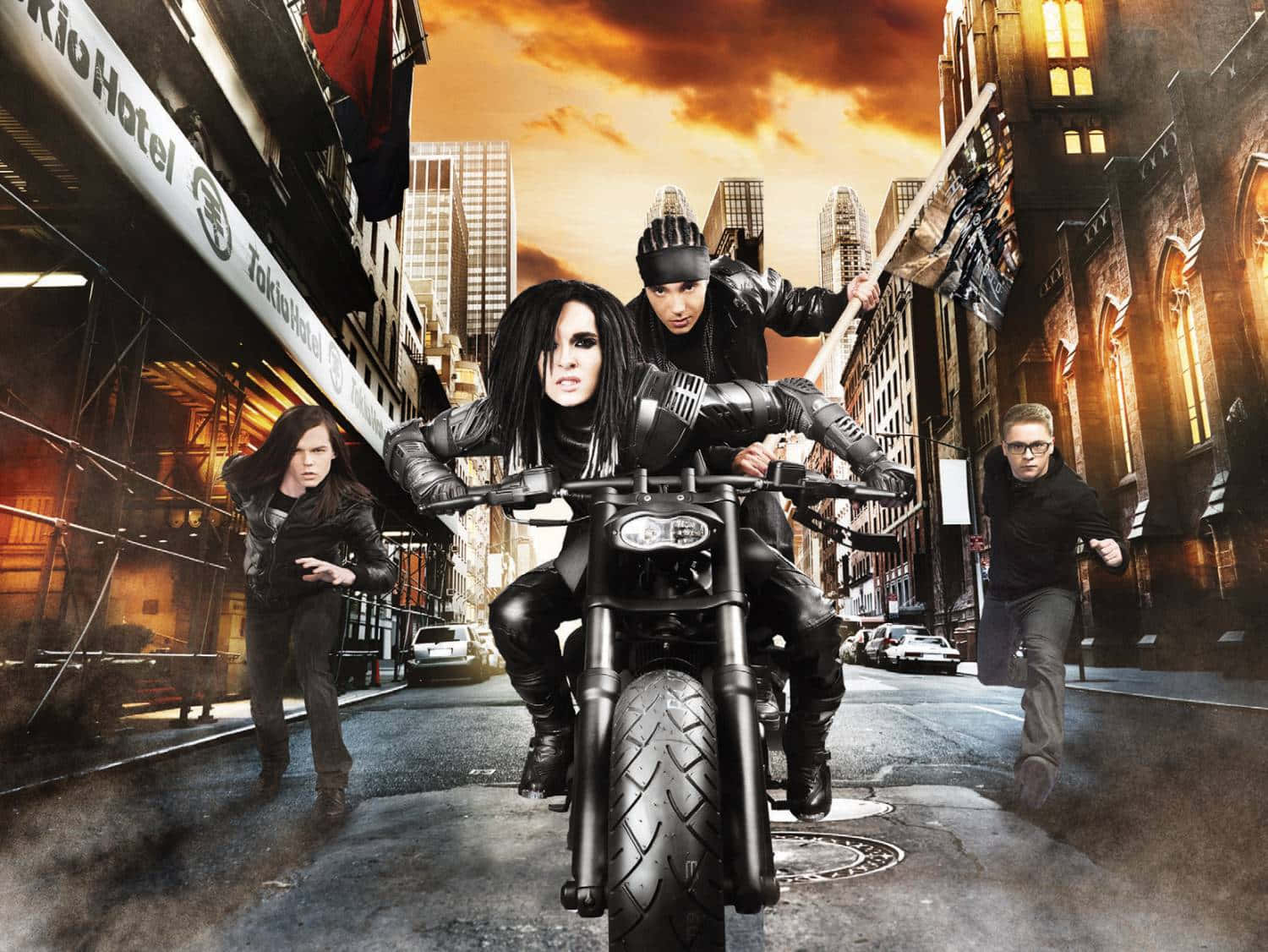 Tokio Hotel, black motorcycle, urban street, HD Desktop Wallpaper