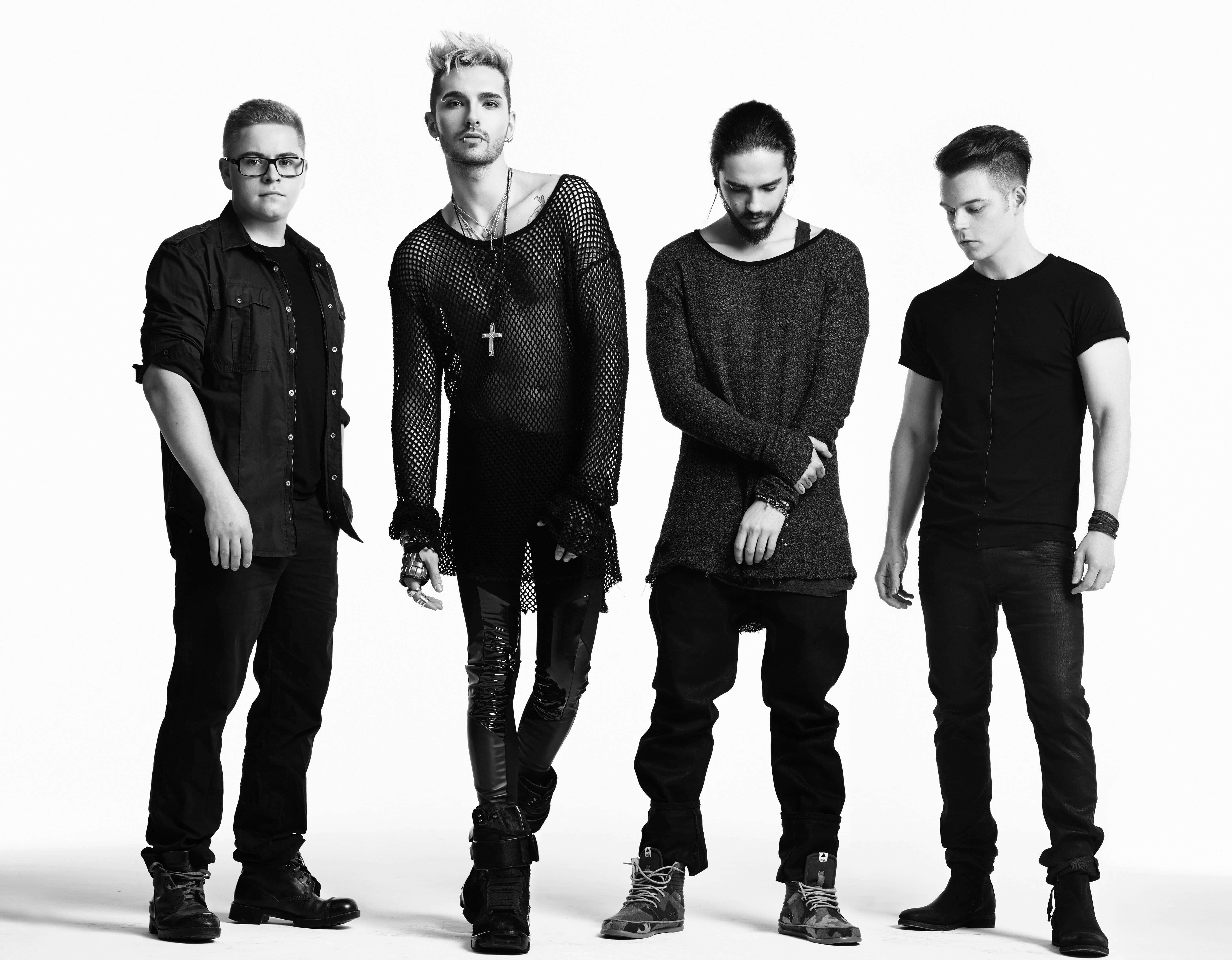 Tokio Hotel, black and white portrait, edgy black outfits, 5K Desktop Wallpaper