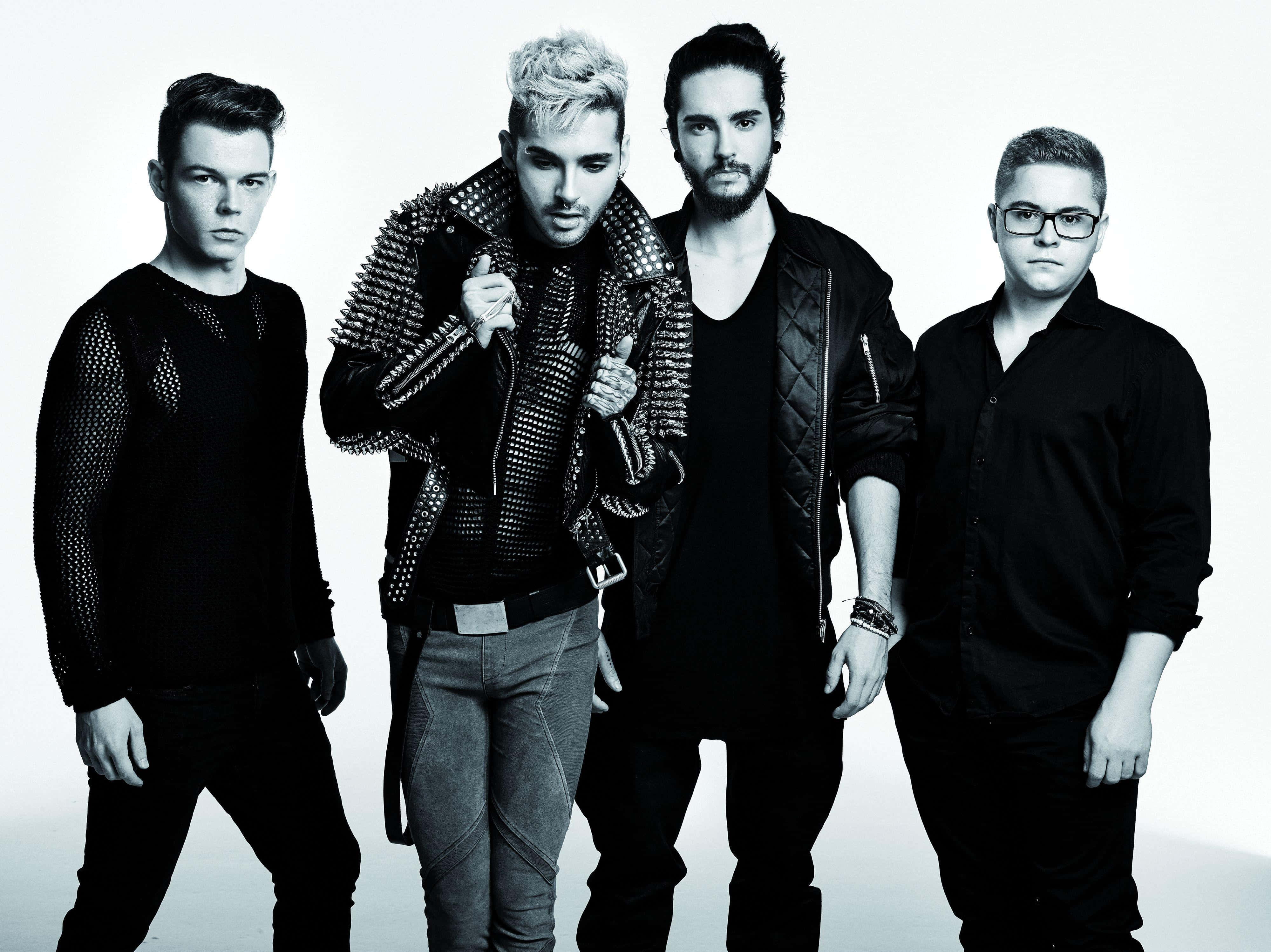 Tokio Hotel, black attire, stark white background, 4K Desktop Wallpaper