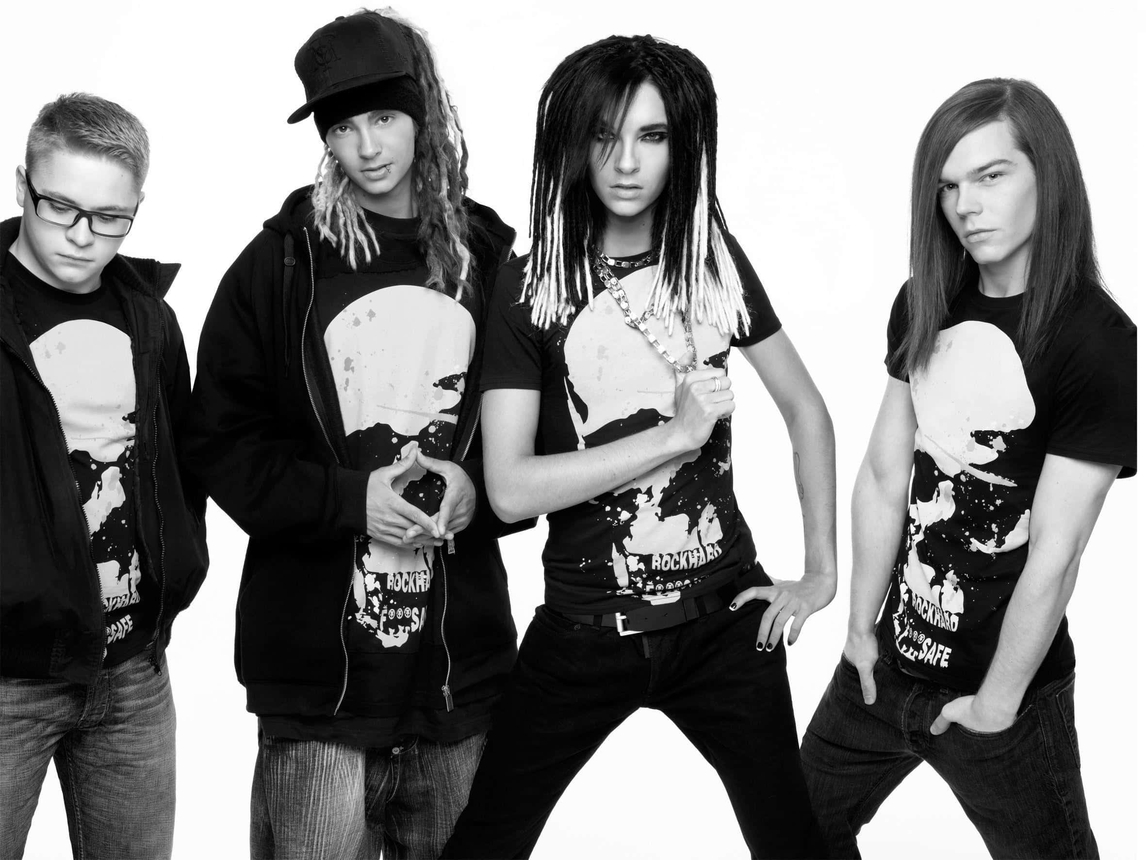 Tokio Hotel, blackand white portrait, punk rock attire, Full HD Desktop Wallpaper