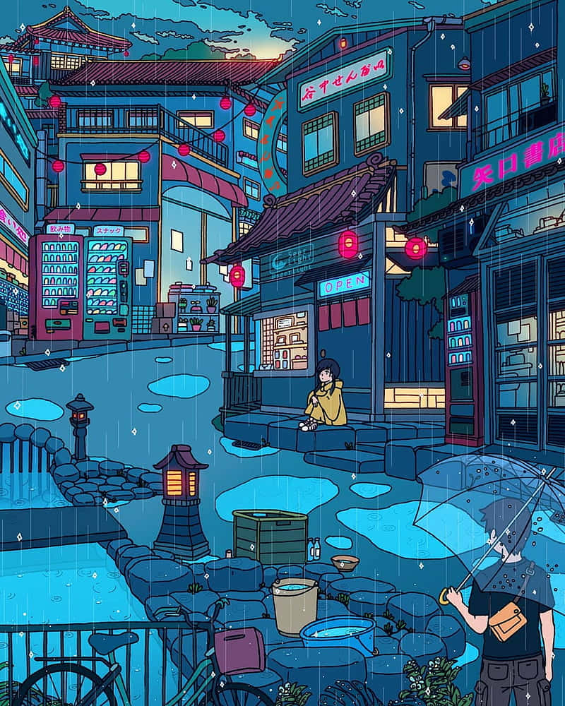 neon-lit Japanese alleyway, rainy night, person with an umbrella, SD Phone Wallpaper