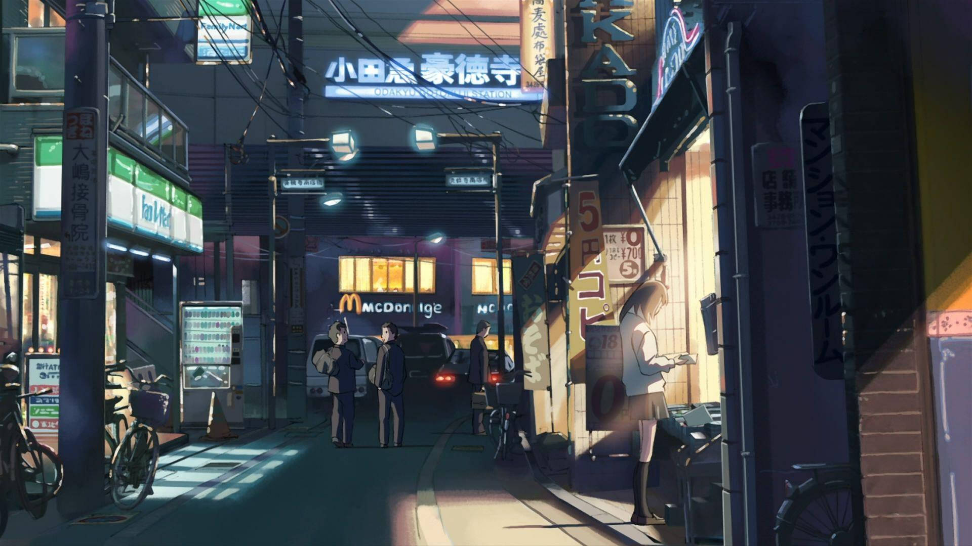 Anime-style street scene, dusk, neon signs, Full HD Desktop Wallpaper