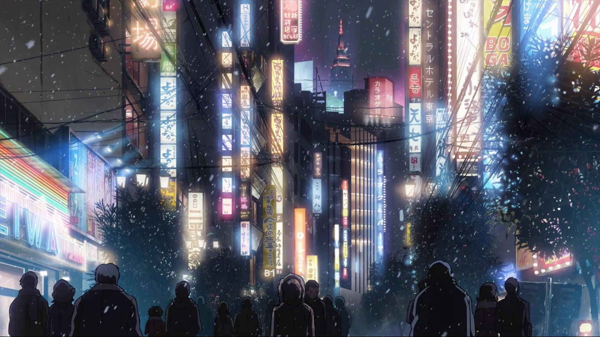 Tokyo, neon-lit, snowy, Full HD Desktop Wallpaper