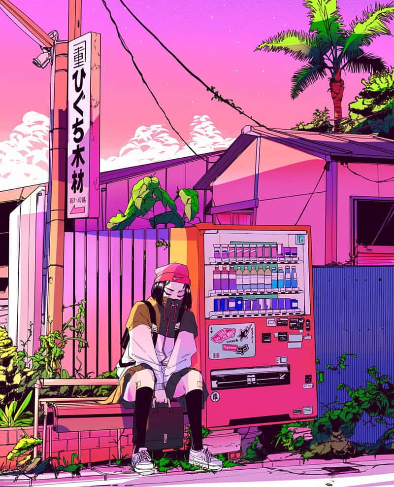 anime girl, pink cap, vending machine, SD Phone Wallpaper