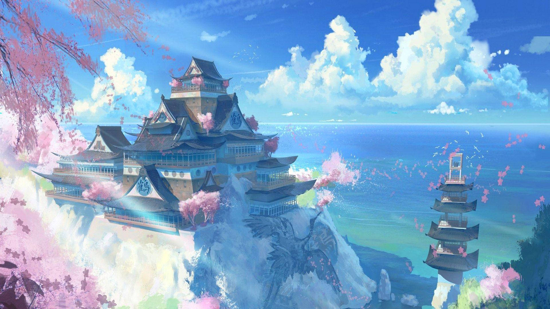 anime-style castle, cliffside, ocean, Full HD Desktop Wallpaper