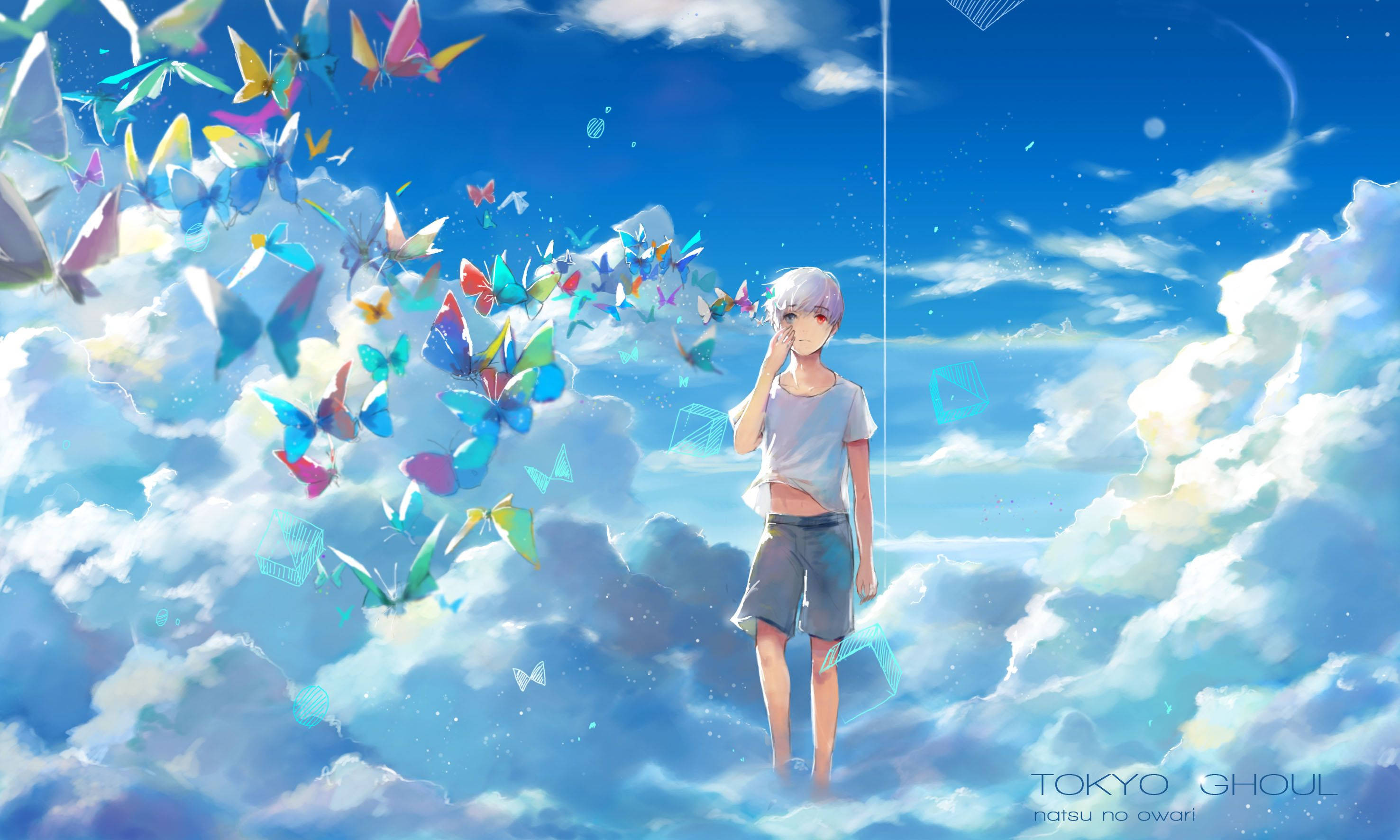 Tokyo Ghoul Aesthetic, silver-haired anime boy, fluffy clouds, 2K Desktop Wallpaper
