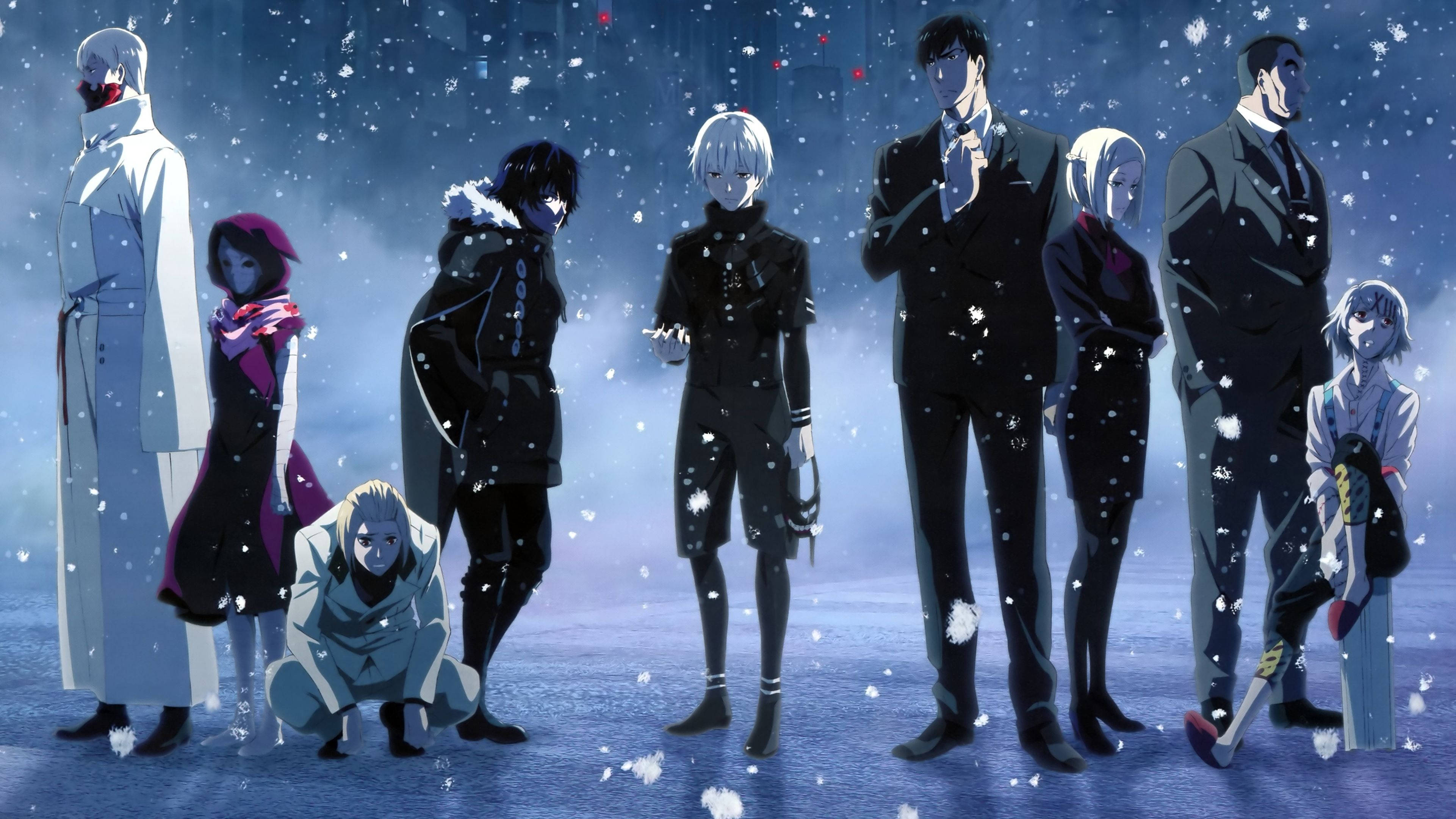 Tokyo Ghoul Characters, winter coats, falling snow, 4K Desktop Wallpaper