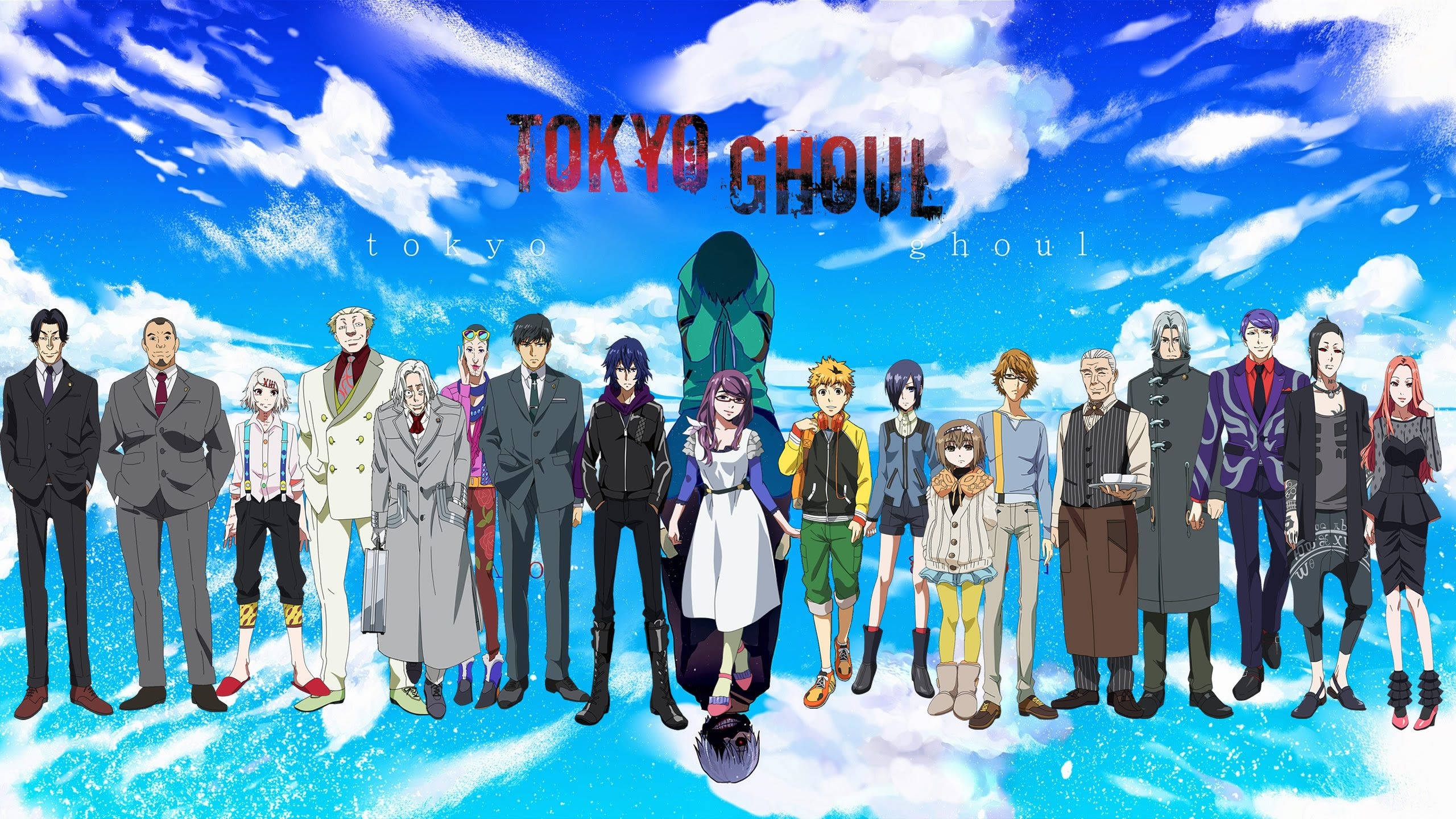 Tokyo Ghoul Characters, blue sky, fluffy clouds, 2K Desktop Wallpaper