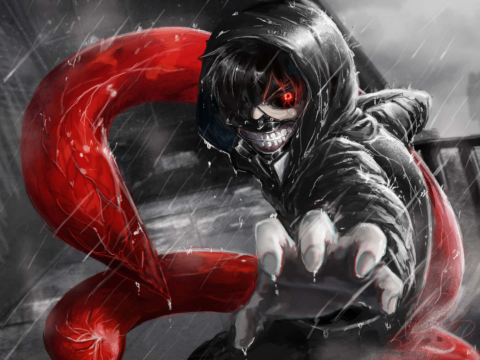 Tokyo Ghoul, hooded anime figure, glowing red eye, Full HD Desktop Wallpaper
